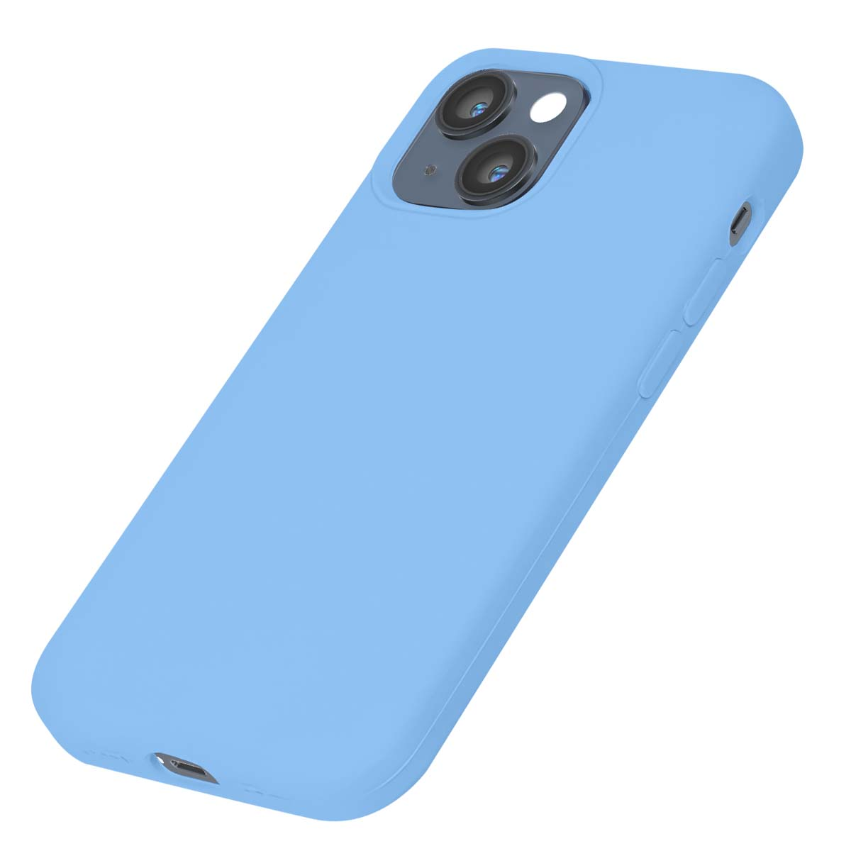 Una custodia azzurra per iPhone con ritaglio per doppia fotocamera è mostrata su sfondo bianco.