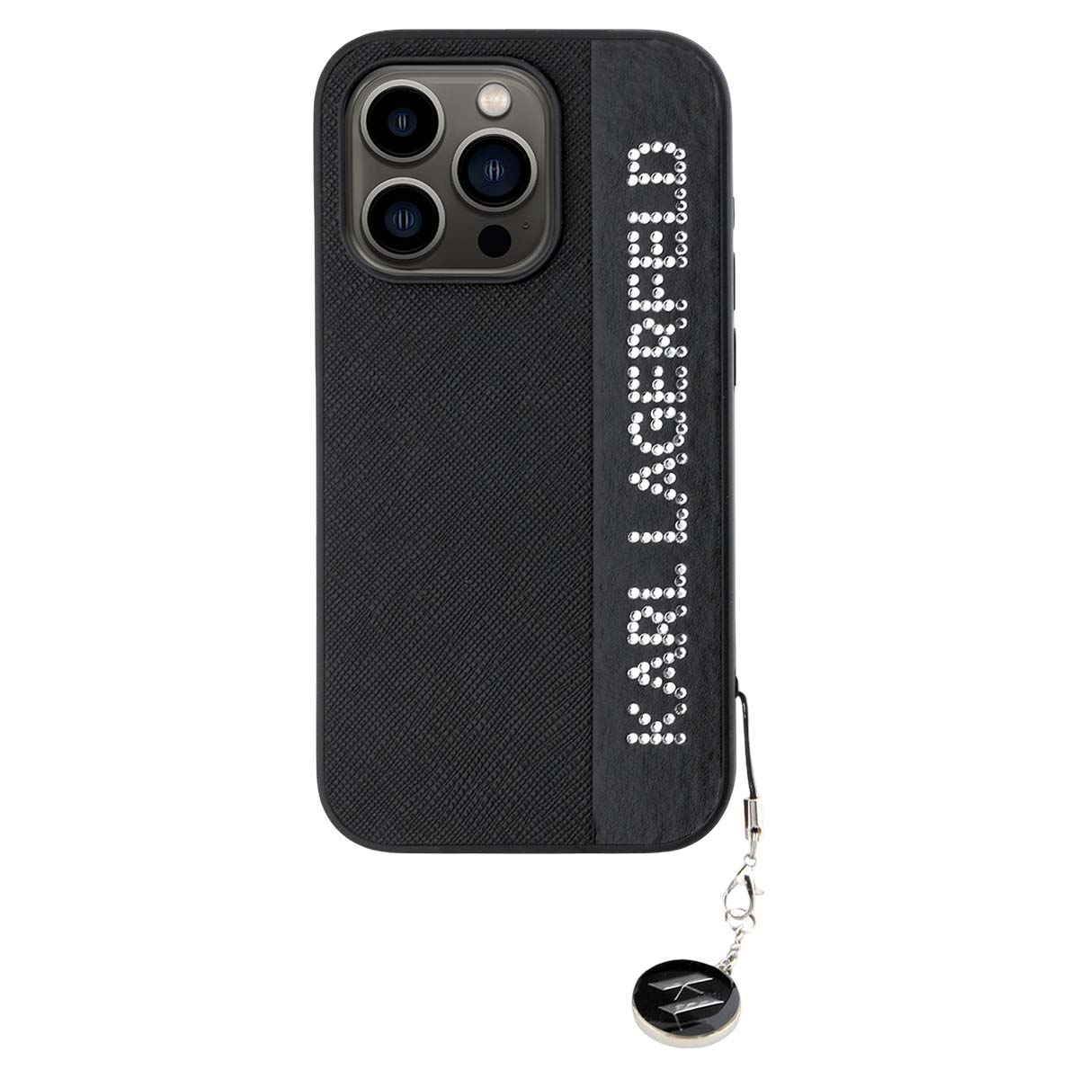 Custodia nera per iPhone con testo scintillante Karl Lagerfeld e laccetto.