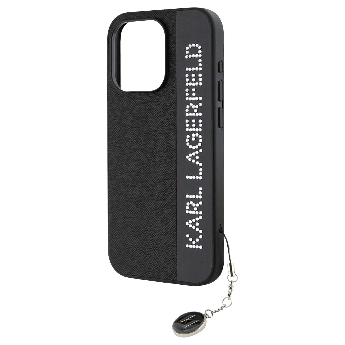 Custodia nera Karl Lagerfeld con logo in strass e ciondolo.