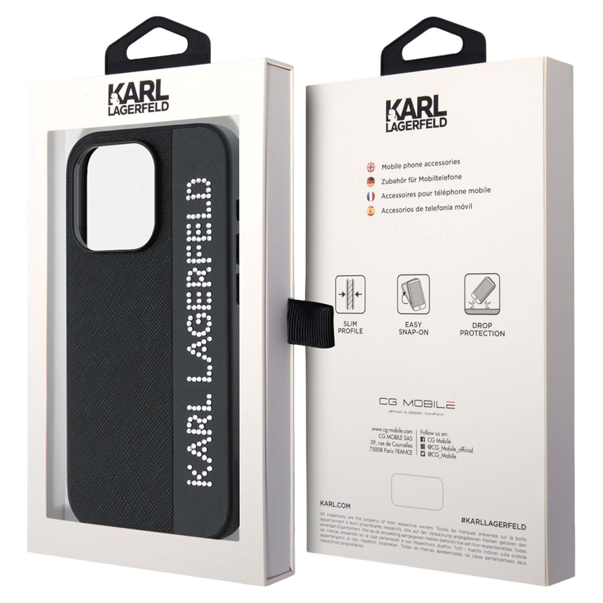 Custodia Karl Lagerfeld in confezione nera con caratteristiche prodotto.