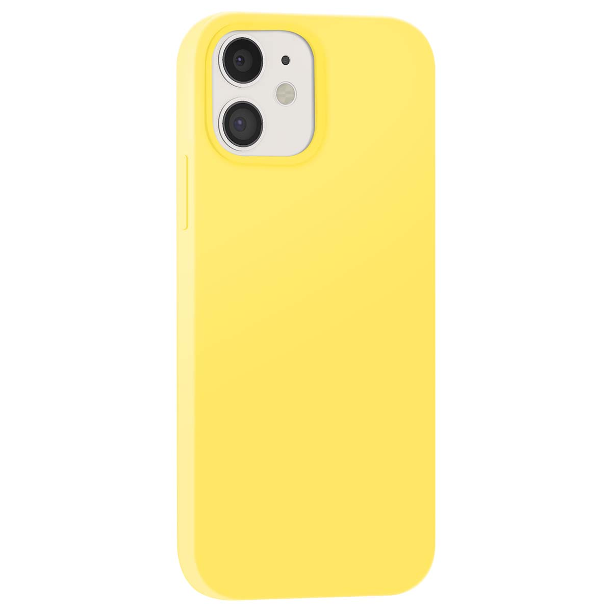 Cover gialla per telefono con due fotocamere su sfondo bianco.