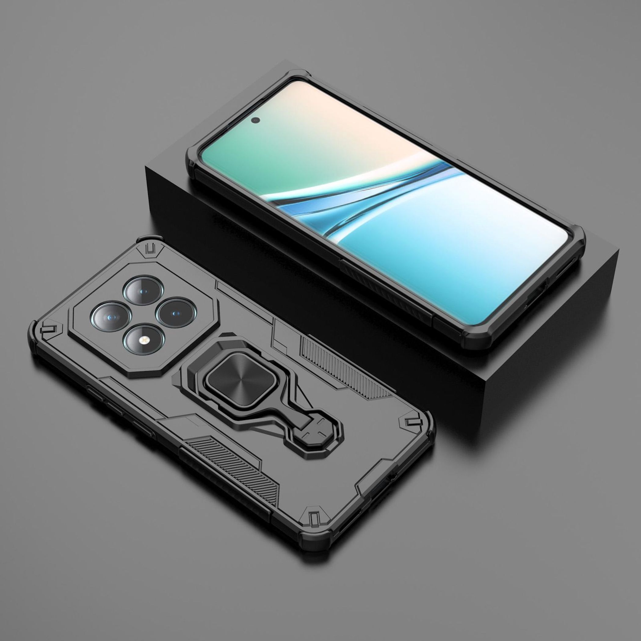 Smartphone nero in custodia protettiva con fotocamera e anello porta anello.