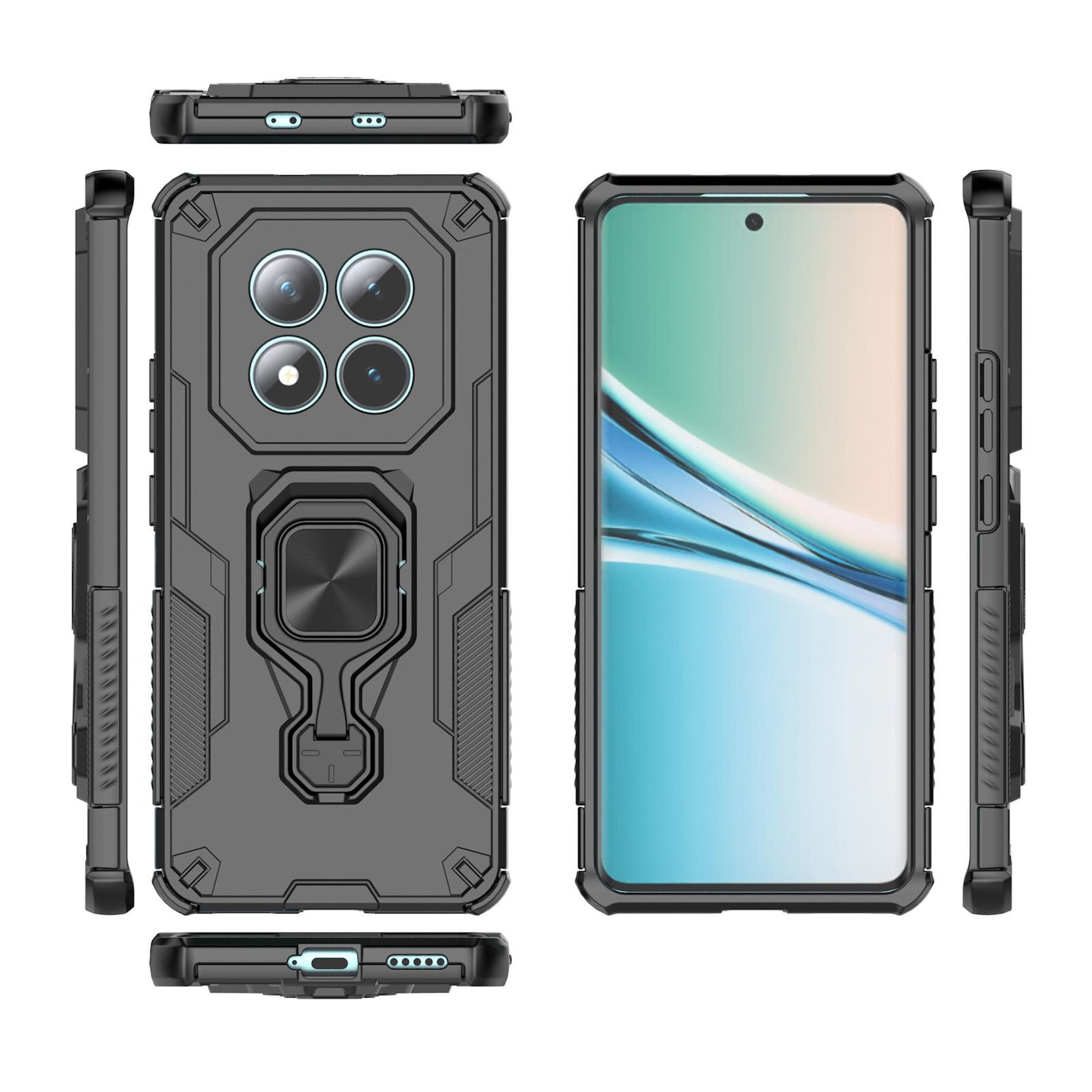 Custodia nera per telefono con anello, quattro fotocamere e anello.