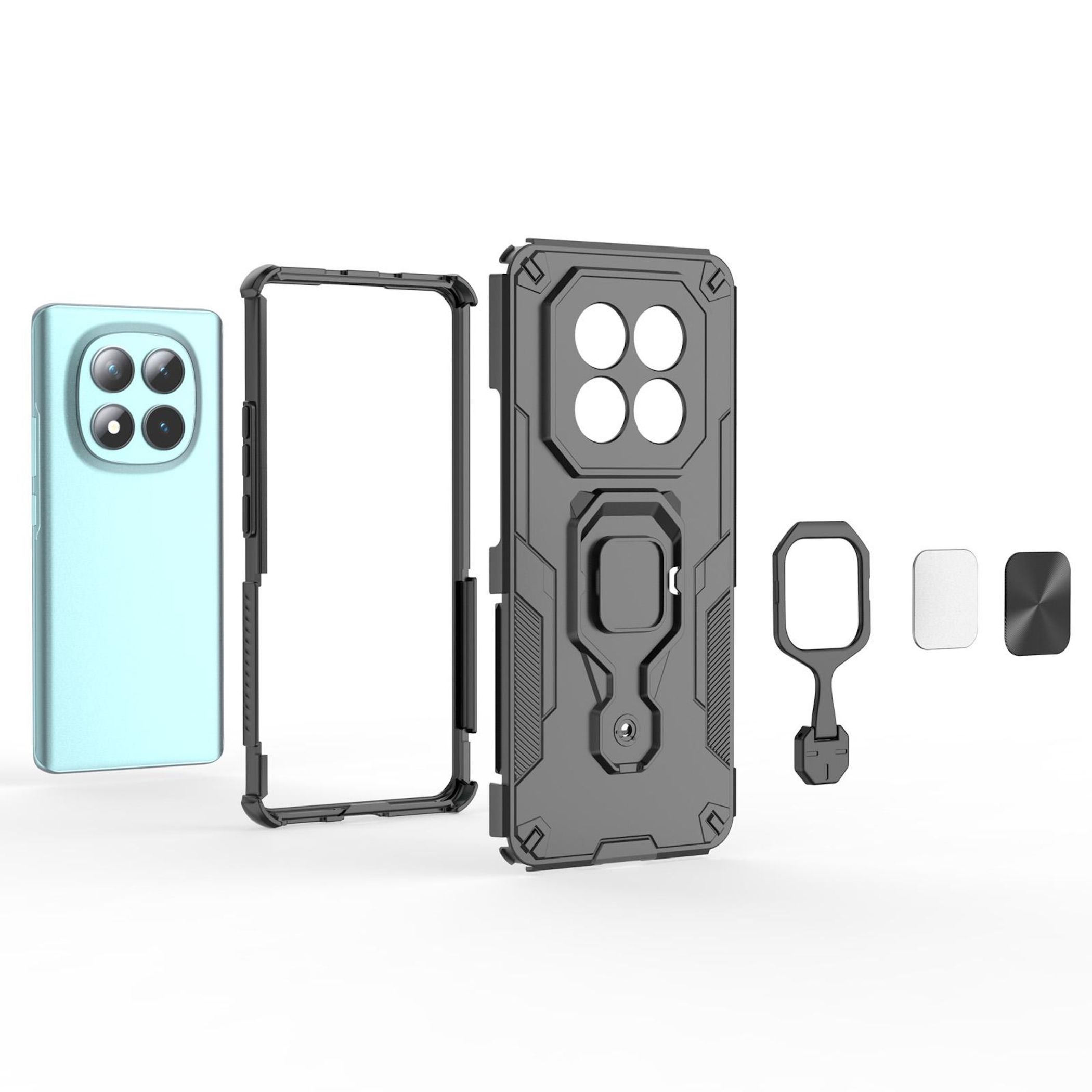 Vista esplosa di una custodia per telefono azzurra con guscio protettivo nero e accessori.