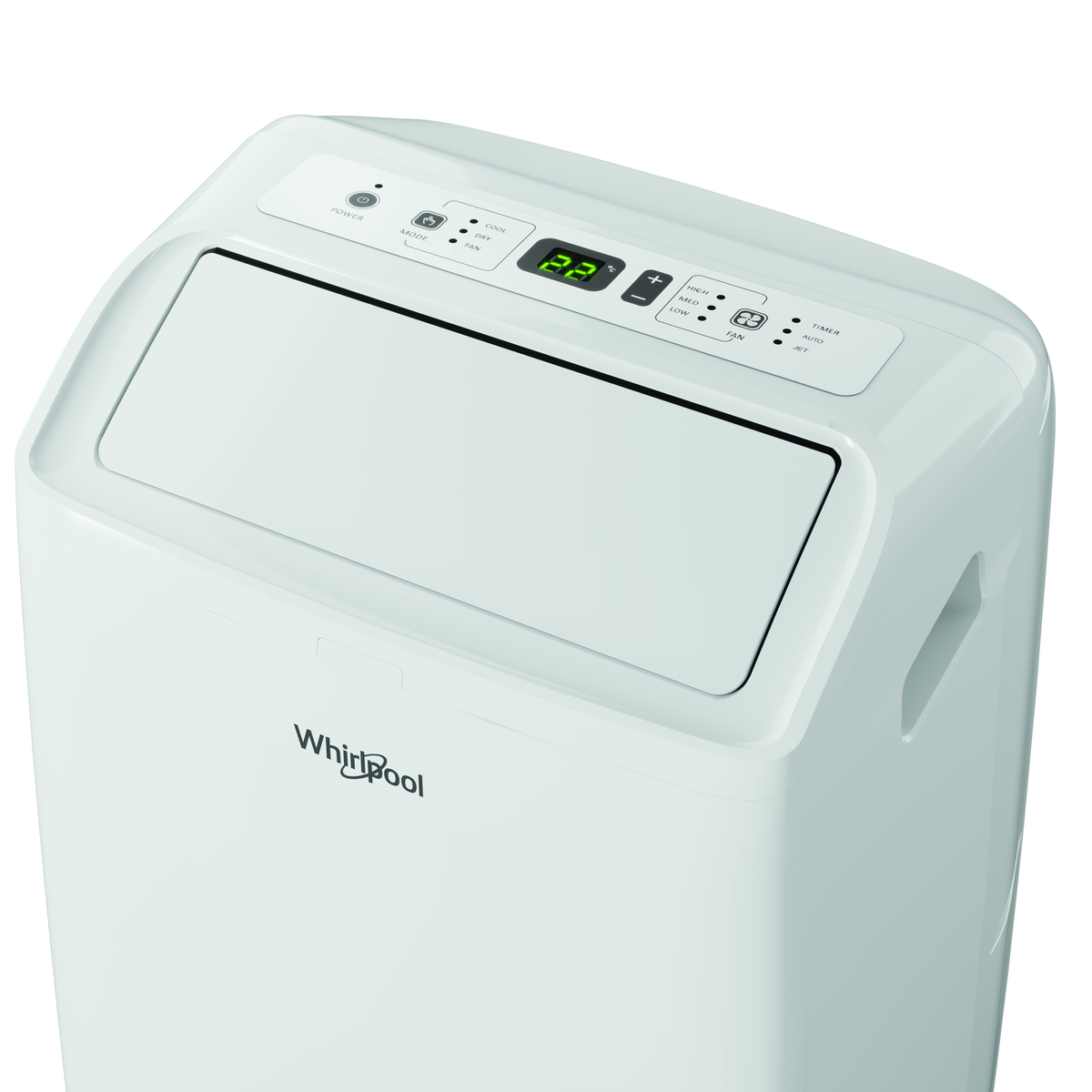 Un condizionatore portatile Whirlpool bianco con display digitale che mostra 22 gradi.