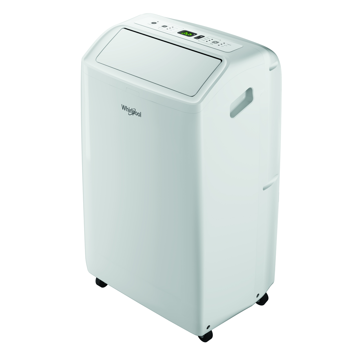 Un refrigeratore d'aria portatile Whirlpool bianco con ruote e pannello di controllo.