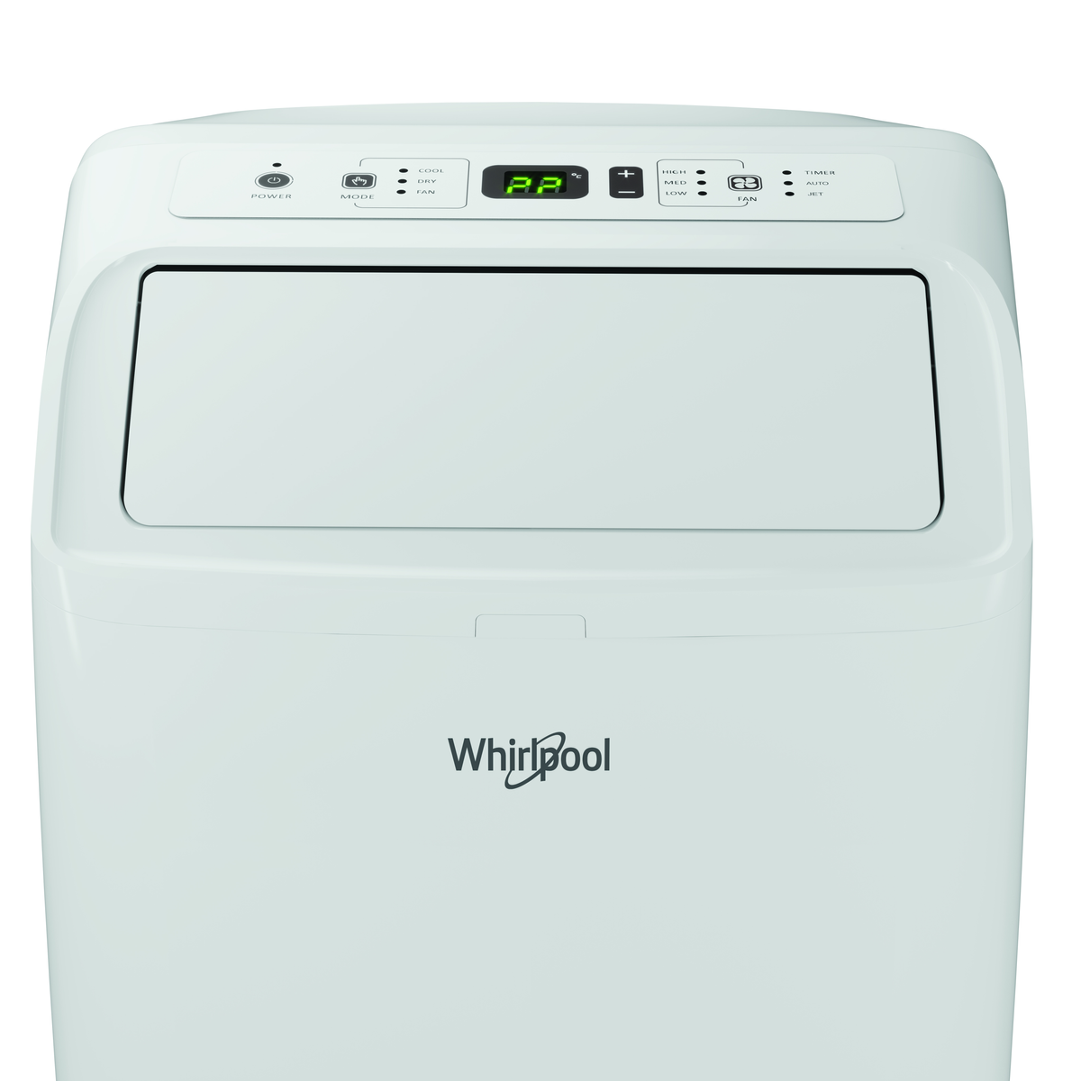 Condizionatore portatile bianco Whirlpool con display digitale che mostra '22'.