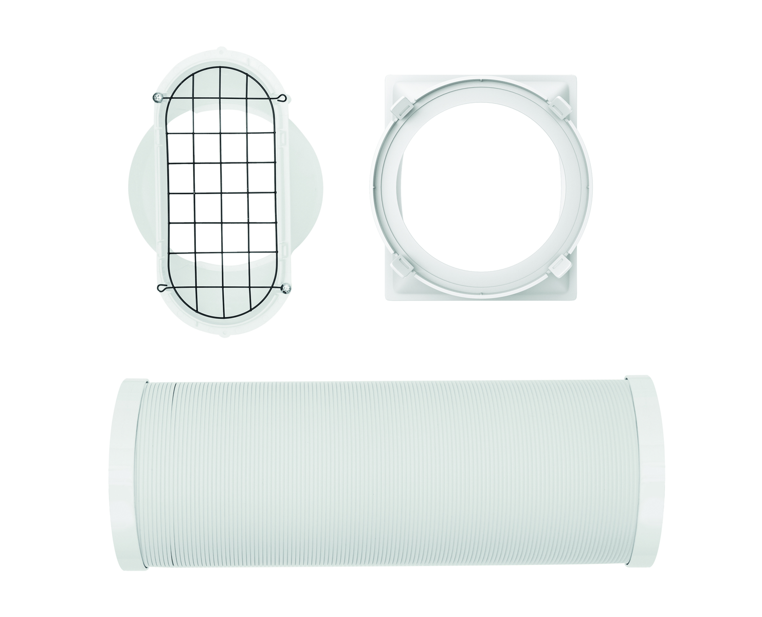 Ventilatore ovale bianco con griglia, flangia rotonda e tubo flessibile su sfondo bianco.