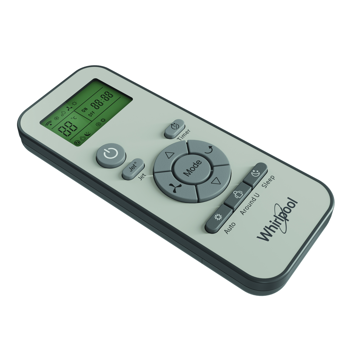Un telecomando per condizionatore Whirlpool grigio chiaro con schermo digitale e pulsanti.