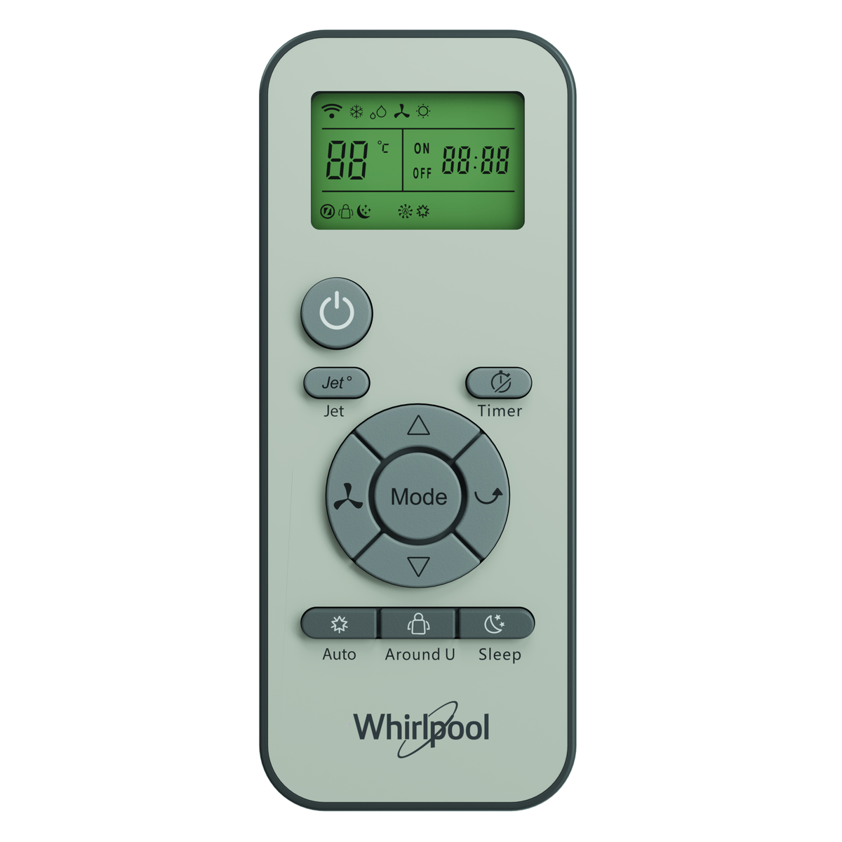 Un telecomando per climatizzatore Whirlpool grigio chiaro con display digitale verde.