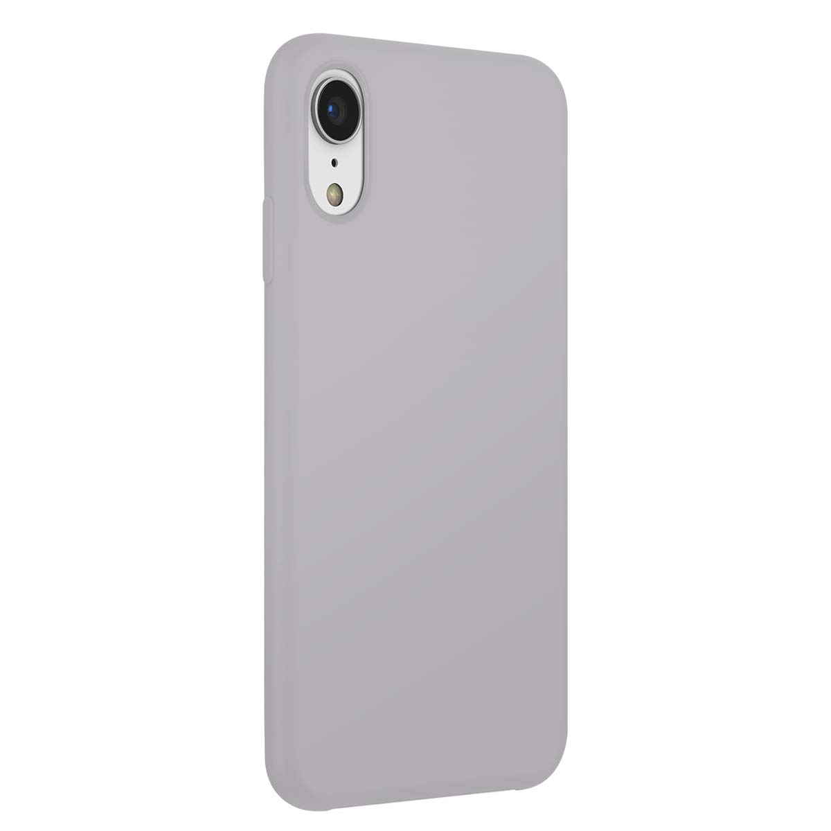 Se muestra una funda de teléfono gris claro con recorte de cámara sobre fondo blanco.