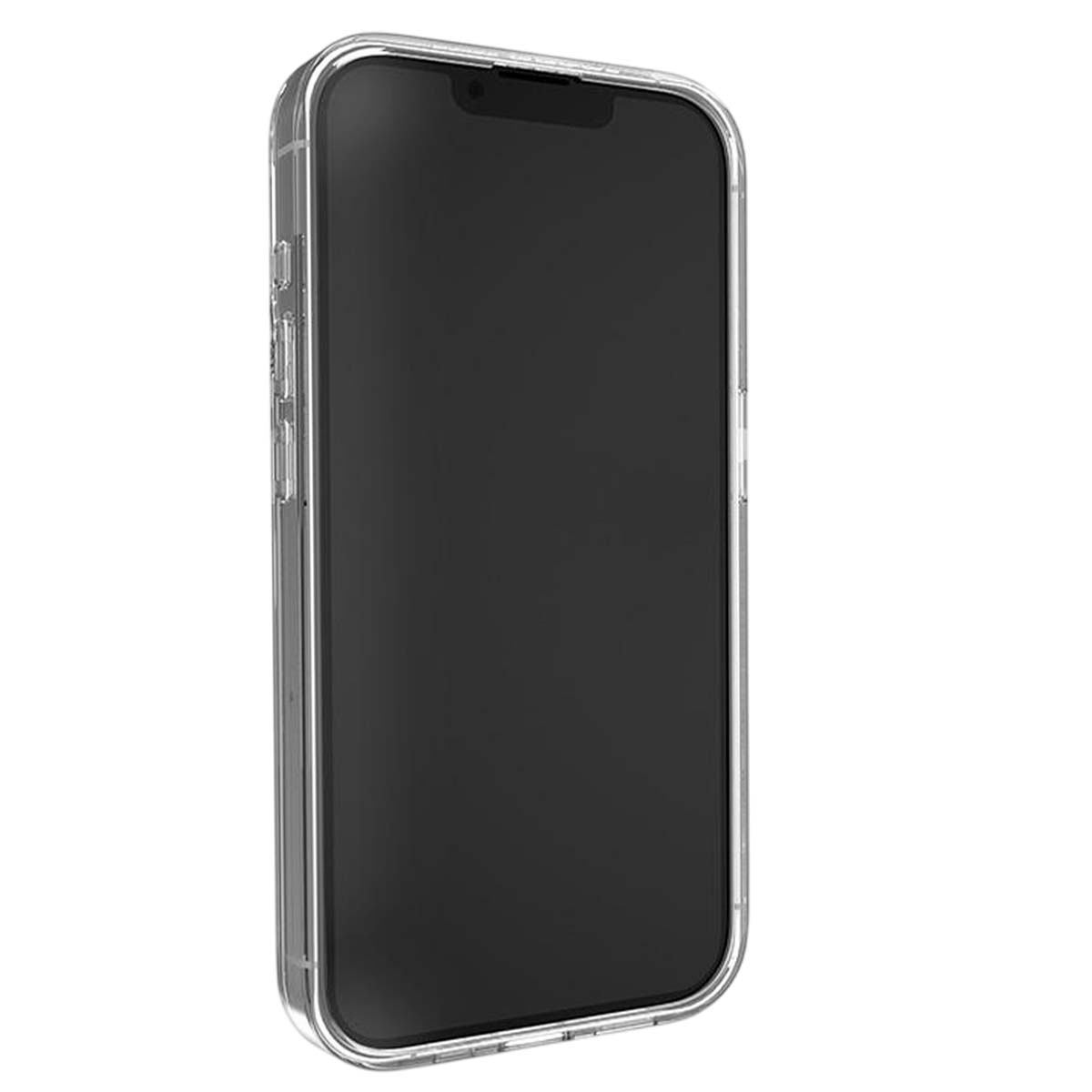 Una custodia trasparente per telefono racchiude uno smartphone nero con una tacca in alto.