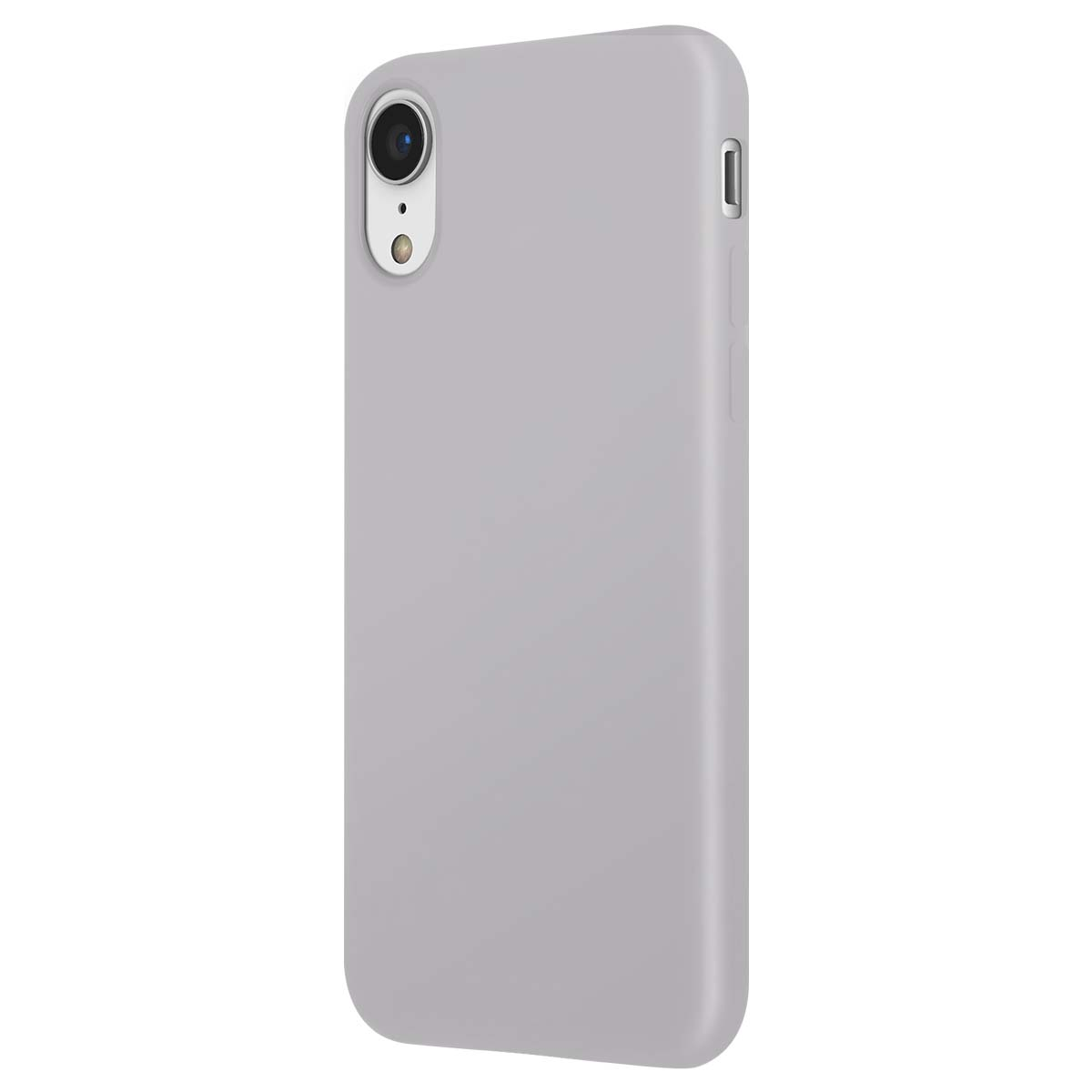Funda de teléfono gris claro con recorte de cámara, aislada en blanco.