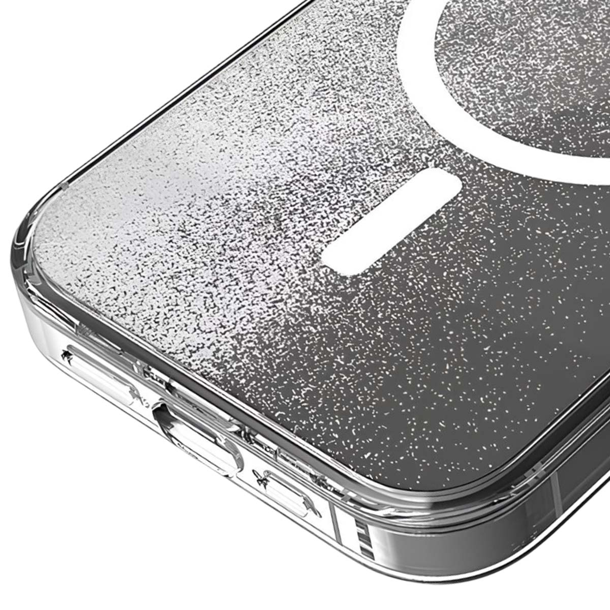 Custodia trasparente per telefono con finitura glitter e cerchio MagSafe.