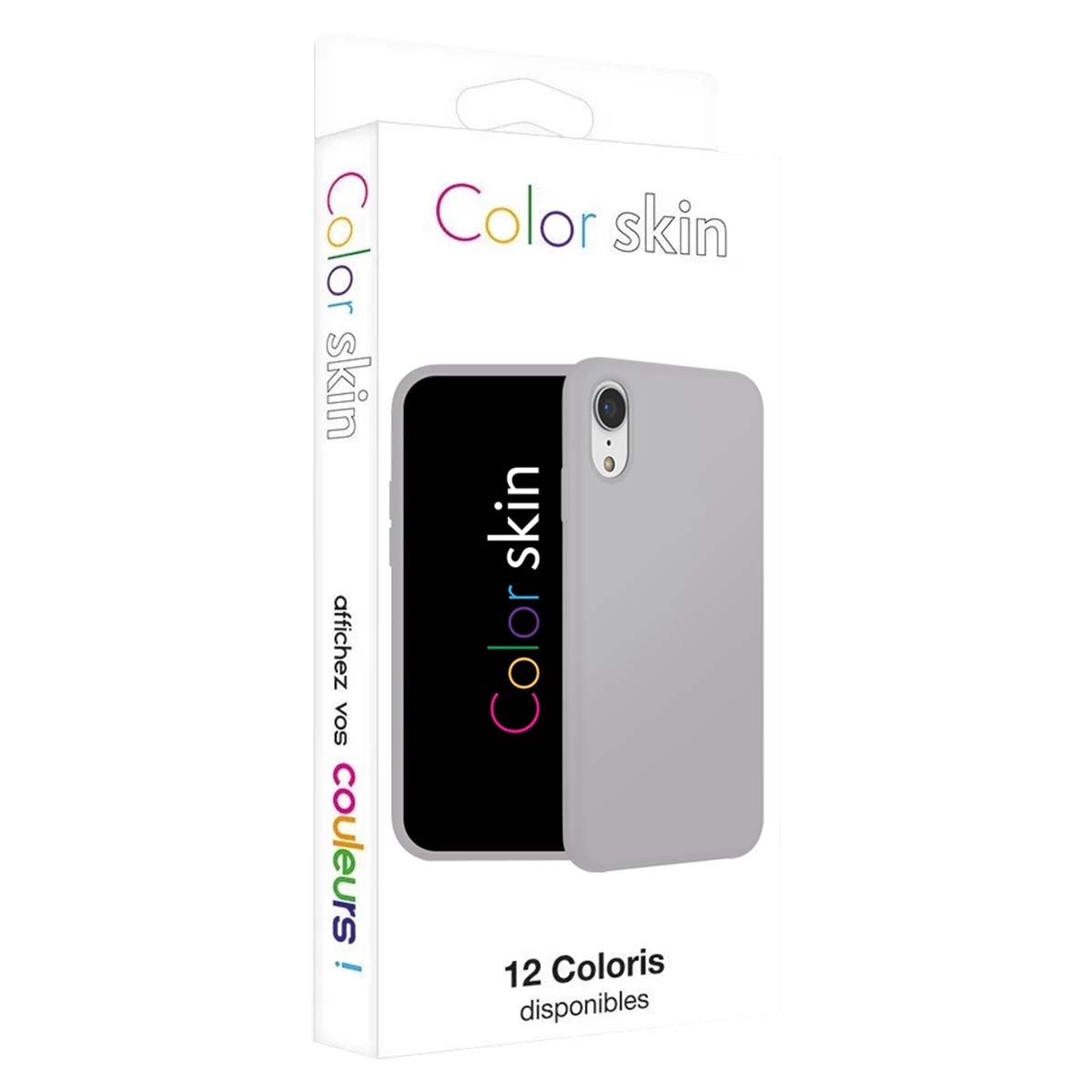 Embalaje de funda de teléfono gris claro con logo "Color skin" y funda.