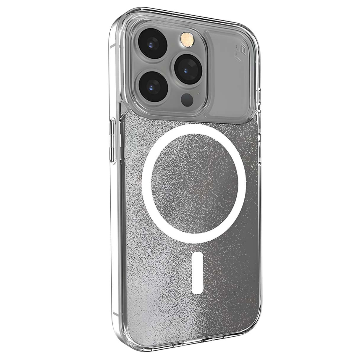 Custodia trasparente per telefono con retro glitterato e blocco fotocamera.