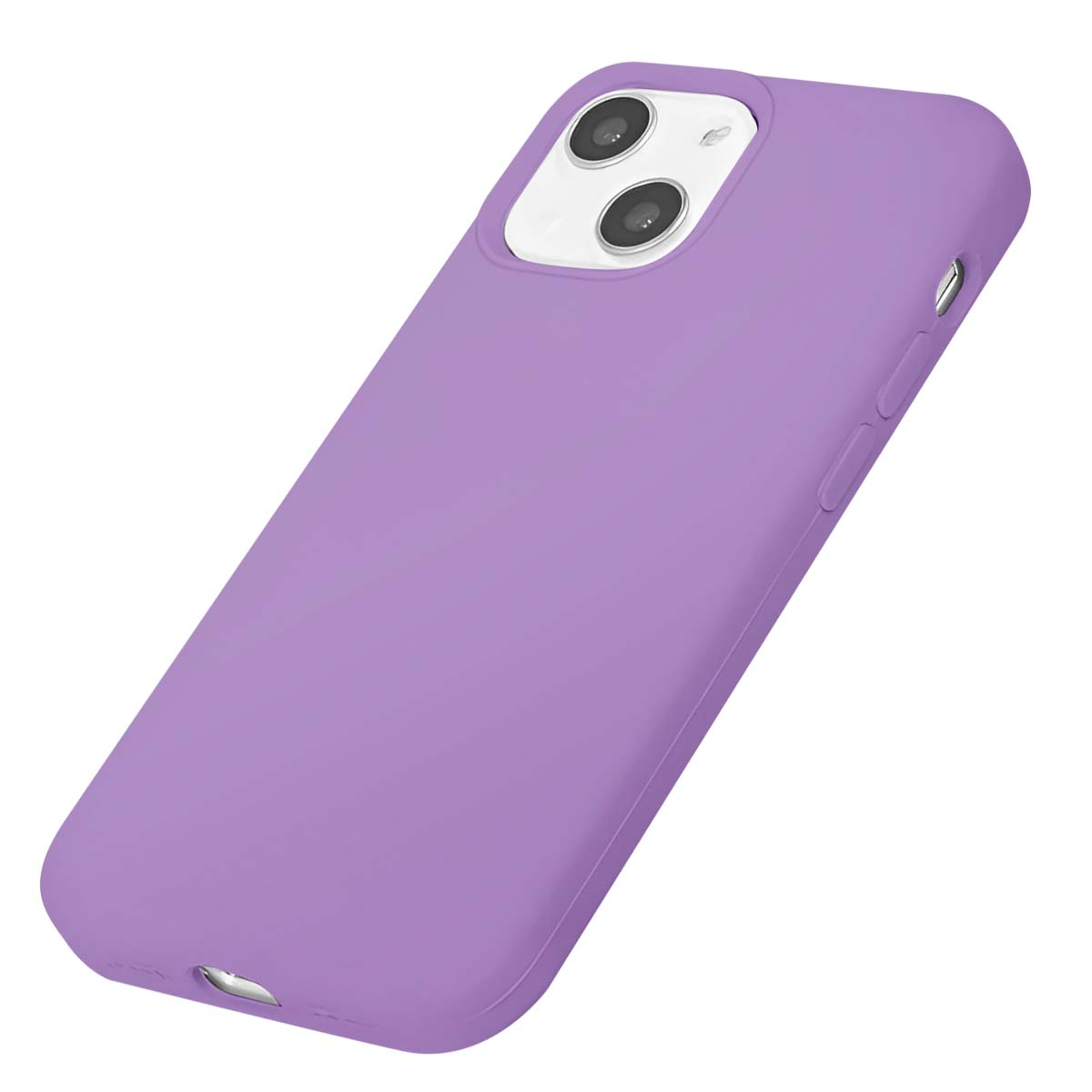 Una custodia viola per iPhone con ritaglio per doppia fotocamera è mostrata angolata su sfondo bianco.
