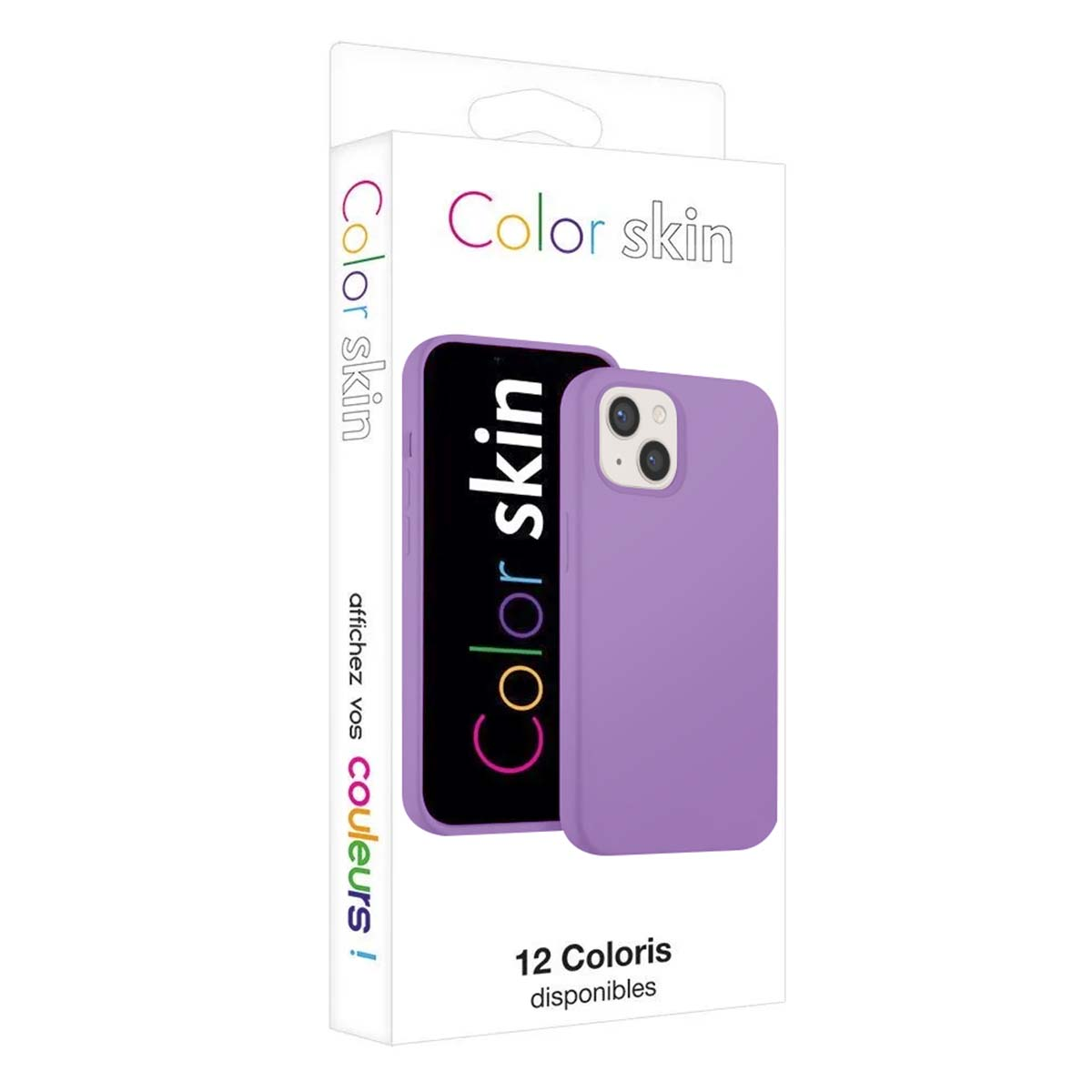 Una cover viola con testo 'Color skin' è mostrata su un telefono.