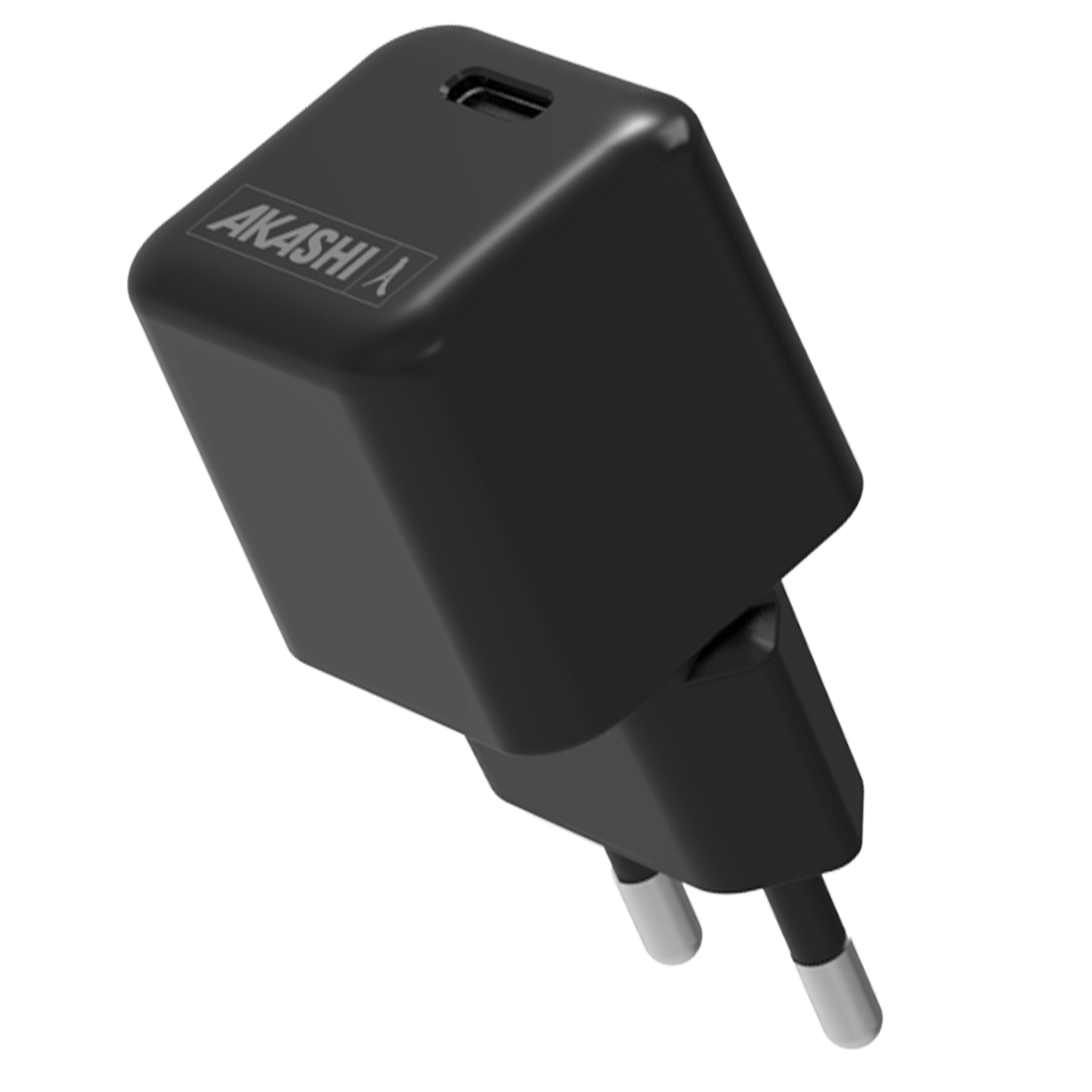 Un caricabatterie USB-C nero con spine europee, marchio AKASHI A.