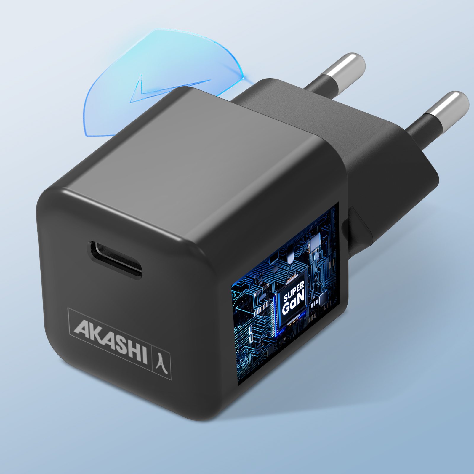 Caricatore Akashi GaN nero con porta USB-C e circuito interno visibile.