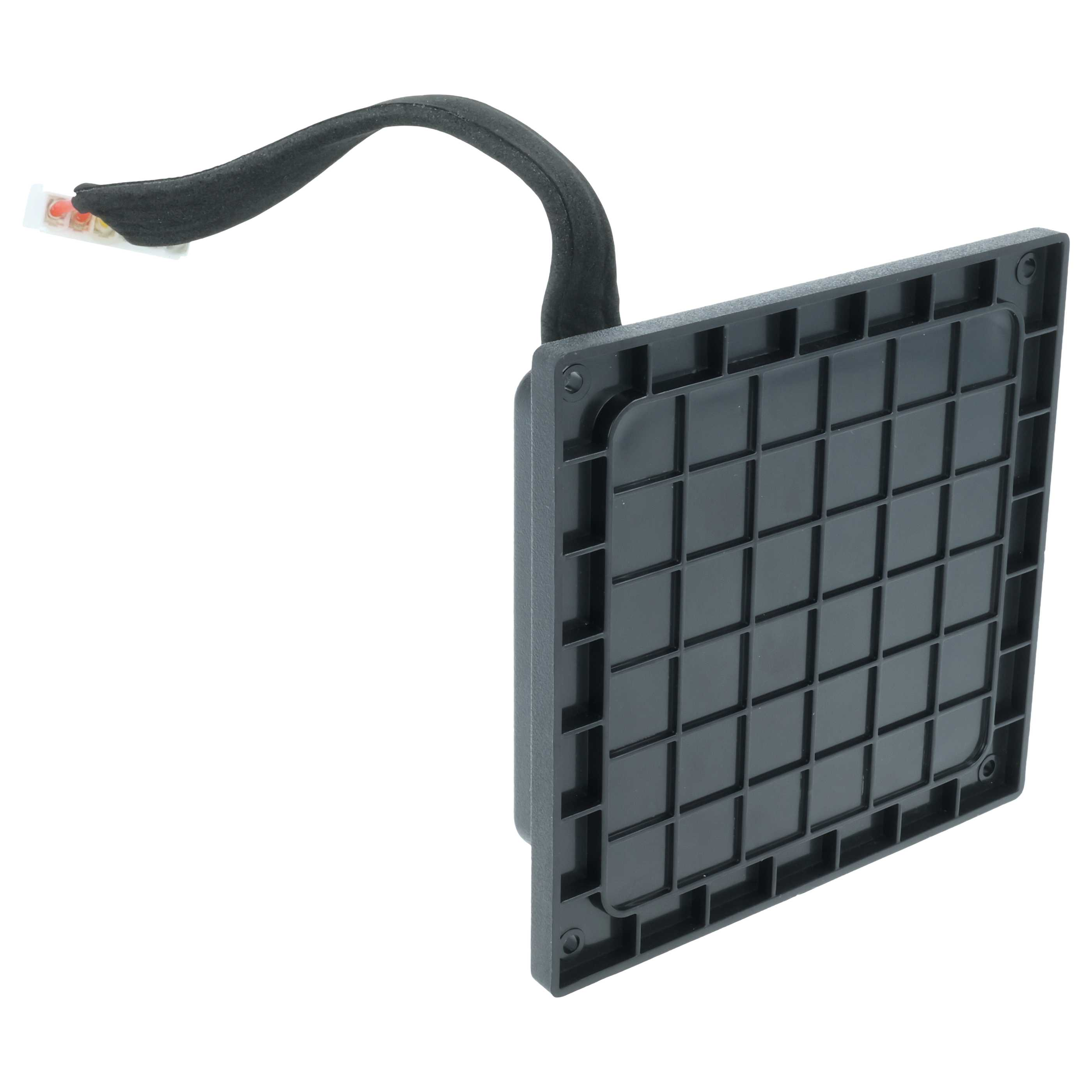 Schwarzes Bauteil mit Kabel und Stecker auf weißem Hintergrund.