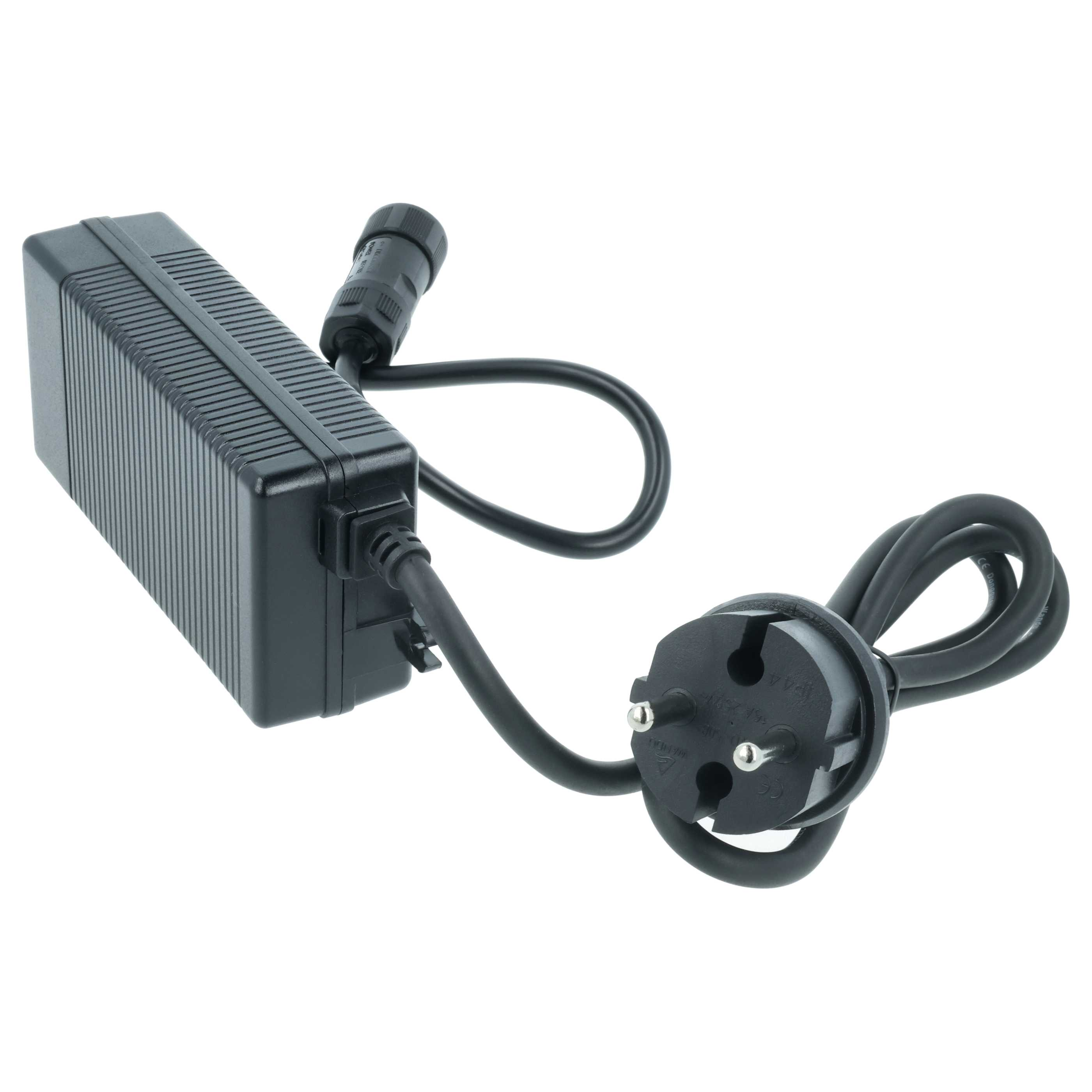 Schwarzer Netzadapter mit geripptem Gehäuse, Kabel und Stecker.