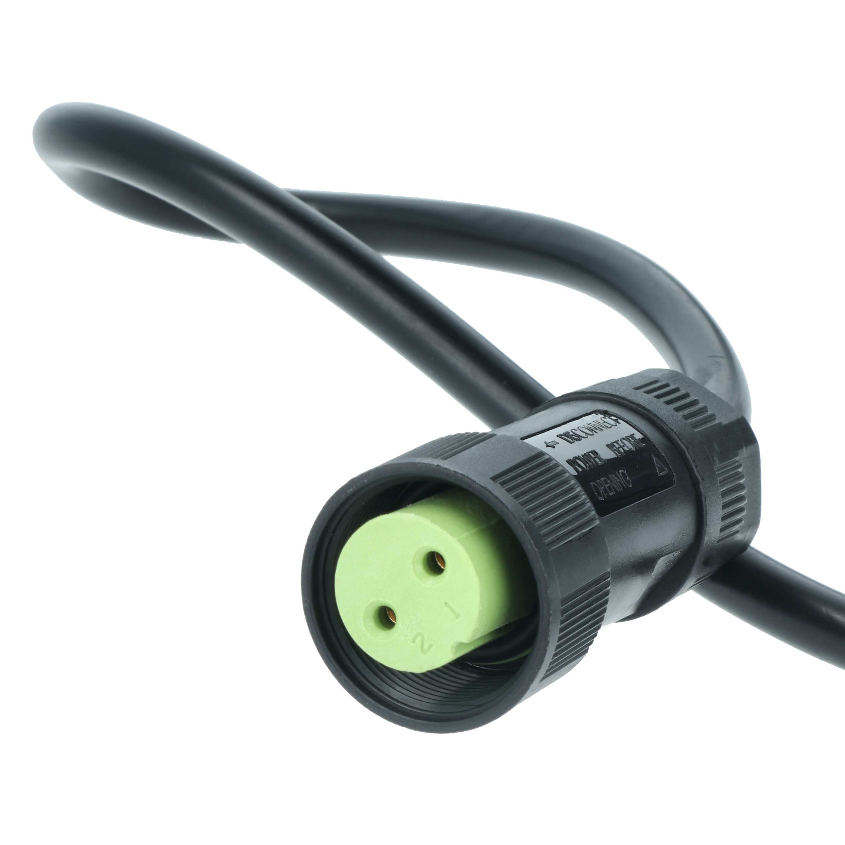 Schwarzes Stromkabel mit grünem Stecker. Der Stecker hat zwei Löcher.