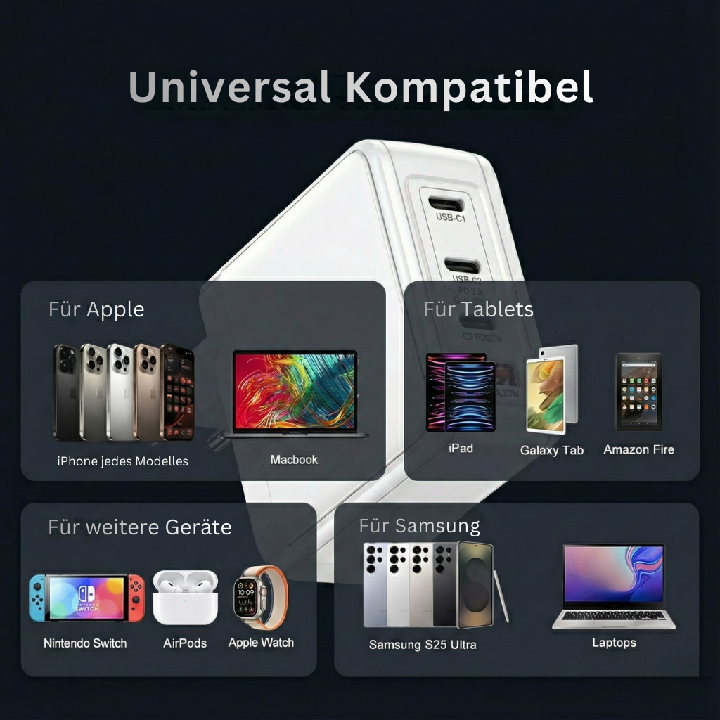 Ladegerät mit Kompatibilität für Apple, Tablets, Samsung und weitere Geräte.