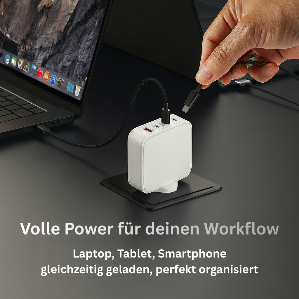 Ein weißer Ladewürfel lädt einen Laptop und ein Smartphone.