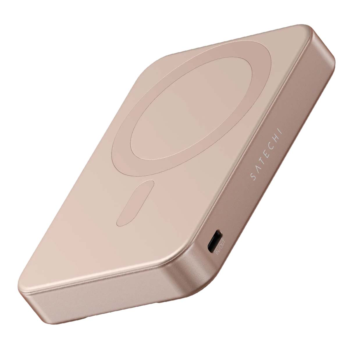 Ein roségoldenes Satechi magnetisches kabelloses Ladegerät ist vor weißem Hintergrund zu sehen.