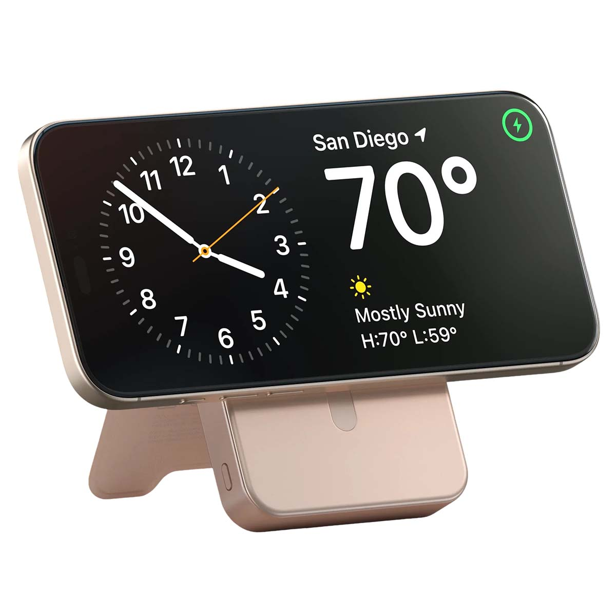 Eine Smartwatch auf einem Ständer zeigt 70 Grad und 