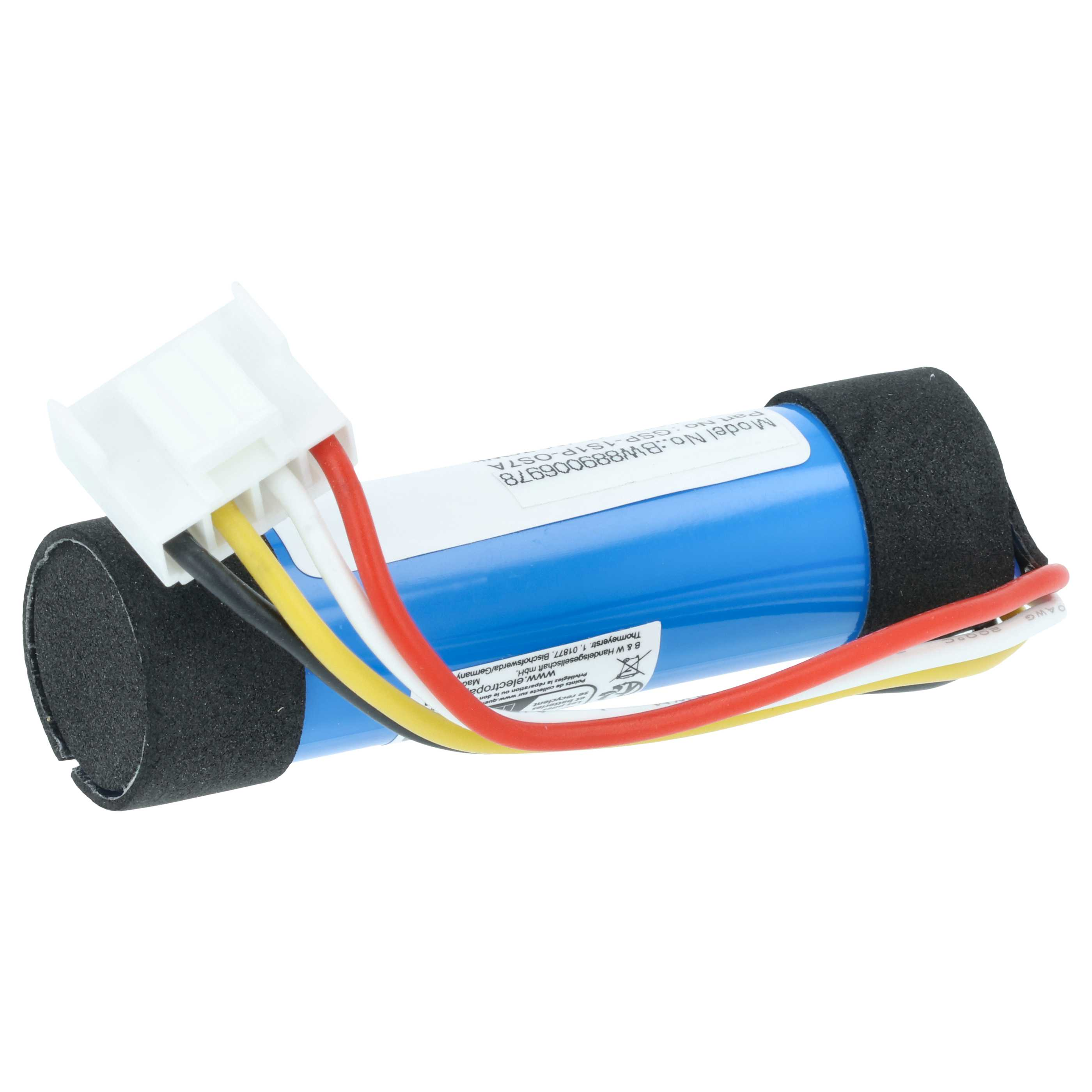 Blauer Akku mit weißem Stecker und roten, gelben und schwarzen Kabeln.
