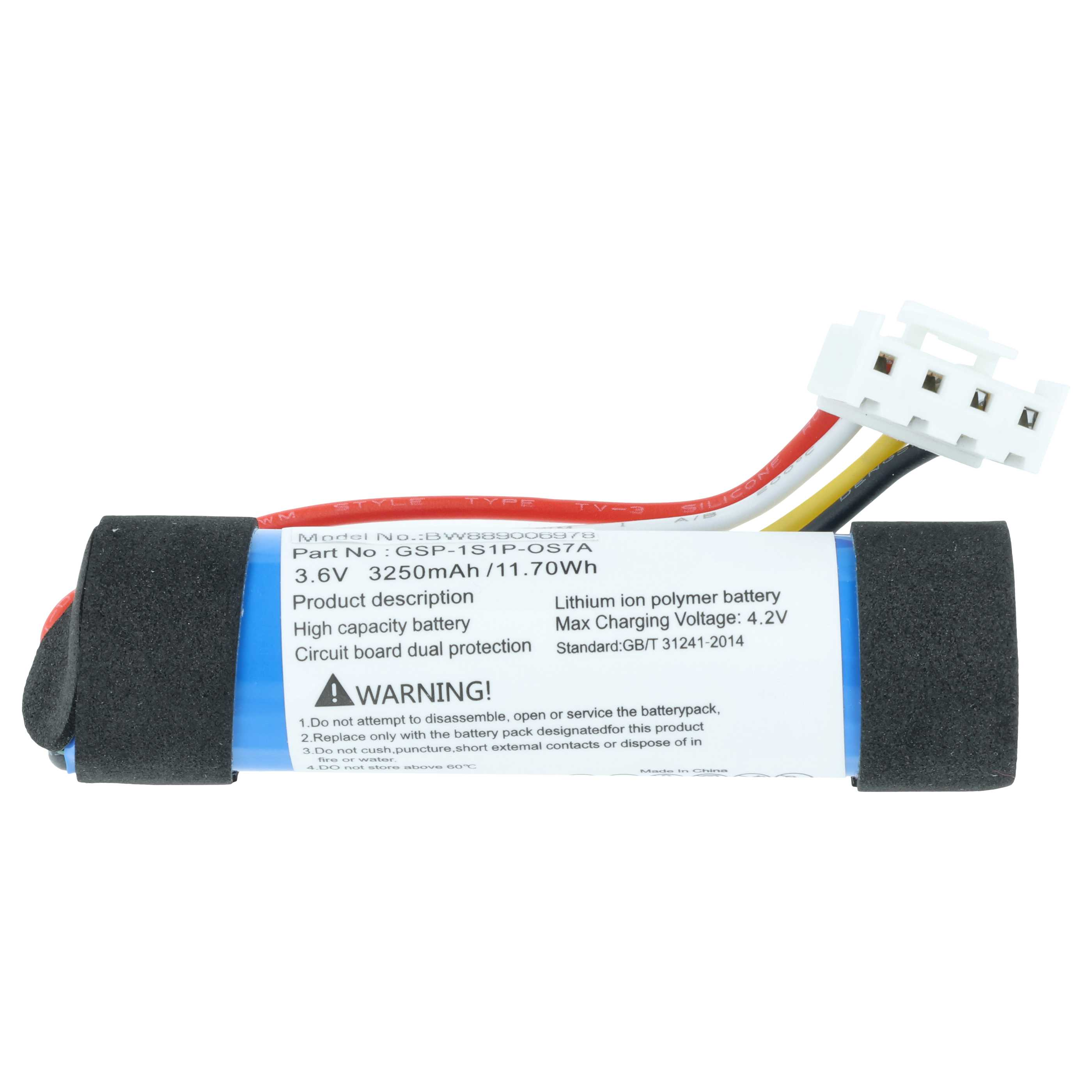 Ein 3,6-V-Lithium-Ionen-Polymer-Akku mit weißem Stecker und roten, gelben, schwarzen Kabeln.