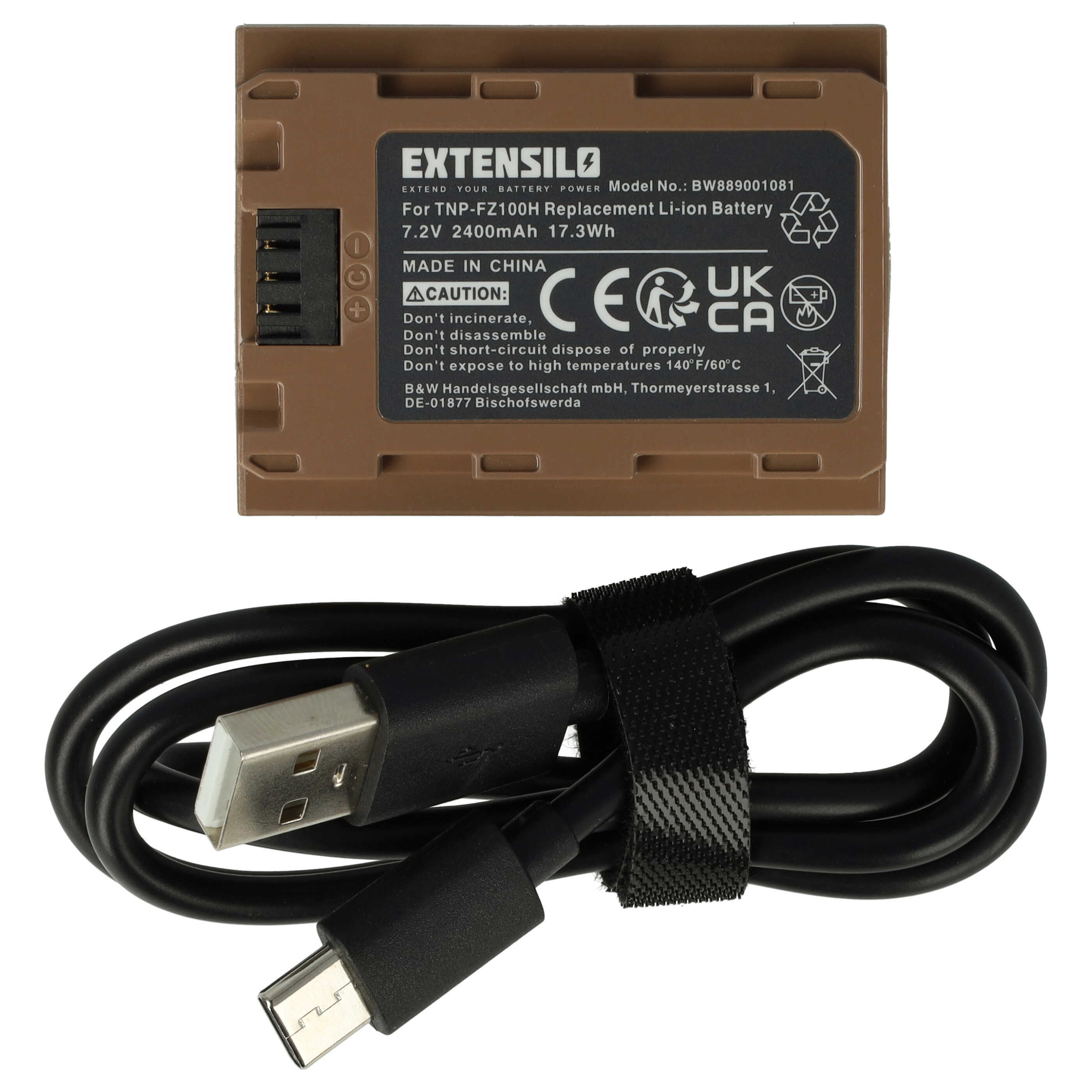 Braune Kamera-Batterie mit schwarzem USB-Kabel. Beschriftung mit Marke und Warnhinweisen.