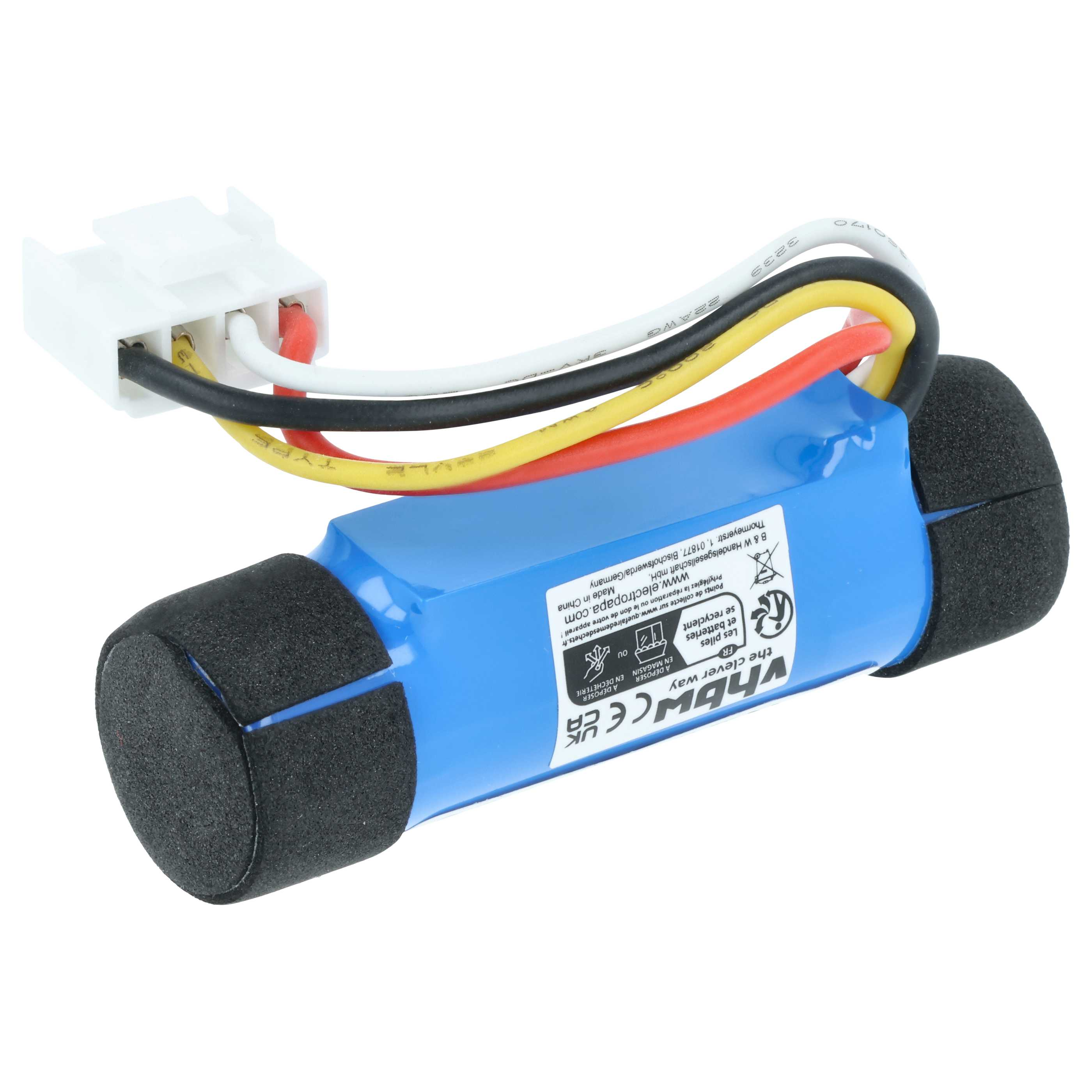 Ein blauer Akku mit schwarzen, roten und gelben Kabeln und einem weißen Stecker.