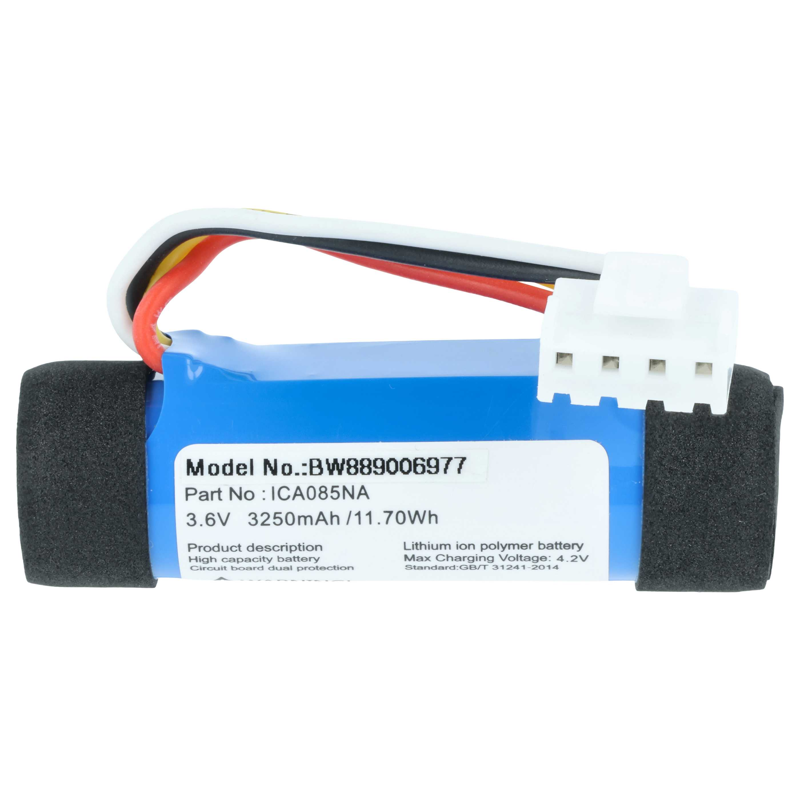Blauer Lithium-Ionen-Akku mit schwarzen Endkappen, Kabeln und weißem Stecker.