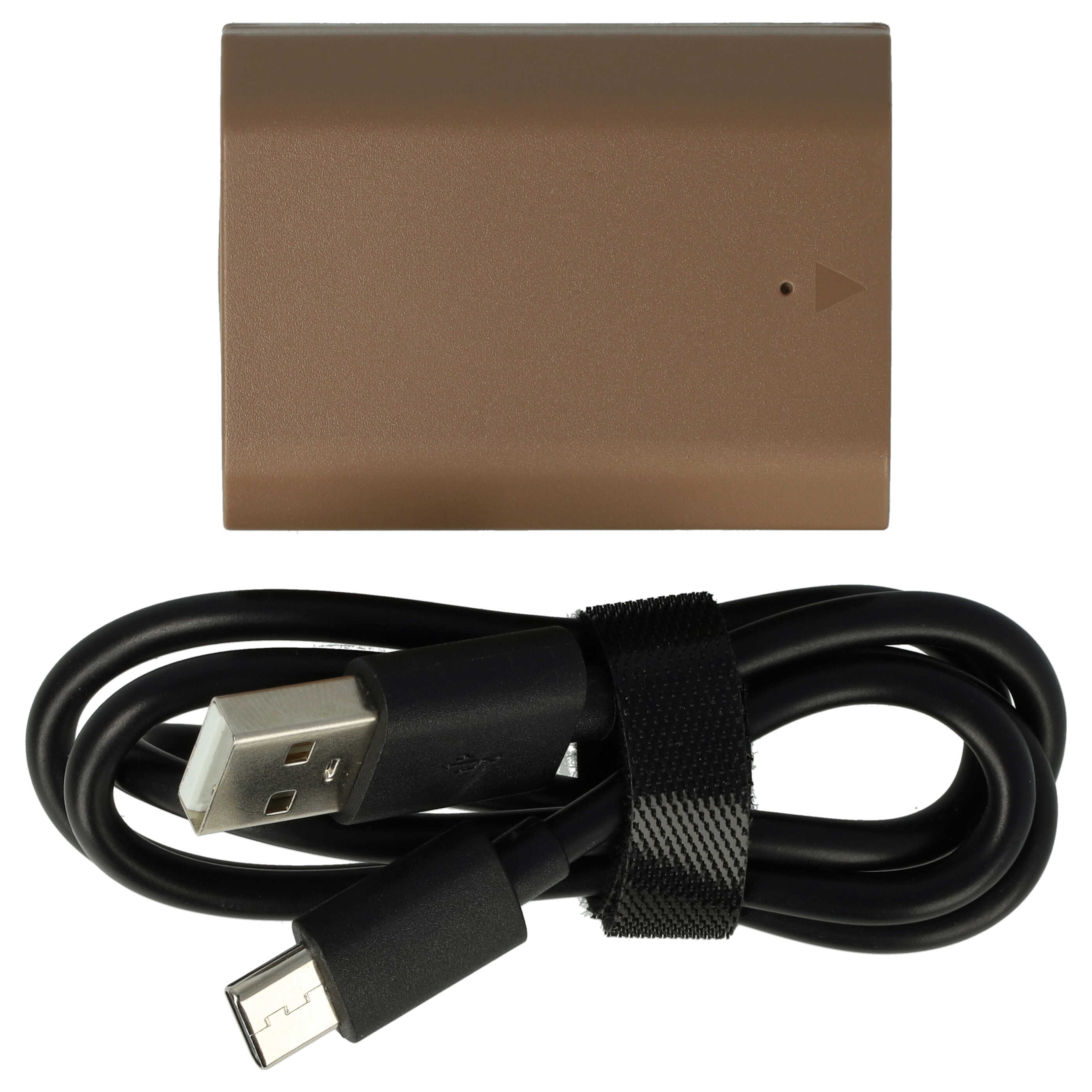 Ein brauner Akku und ein schwarzes USB-Kabel mit Typ-C-Anschluss.