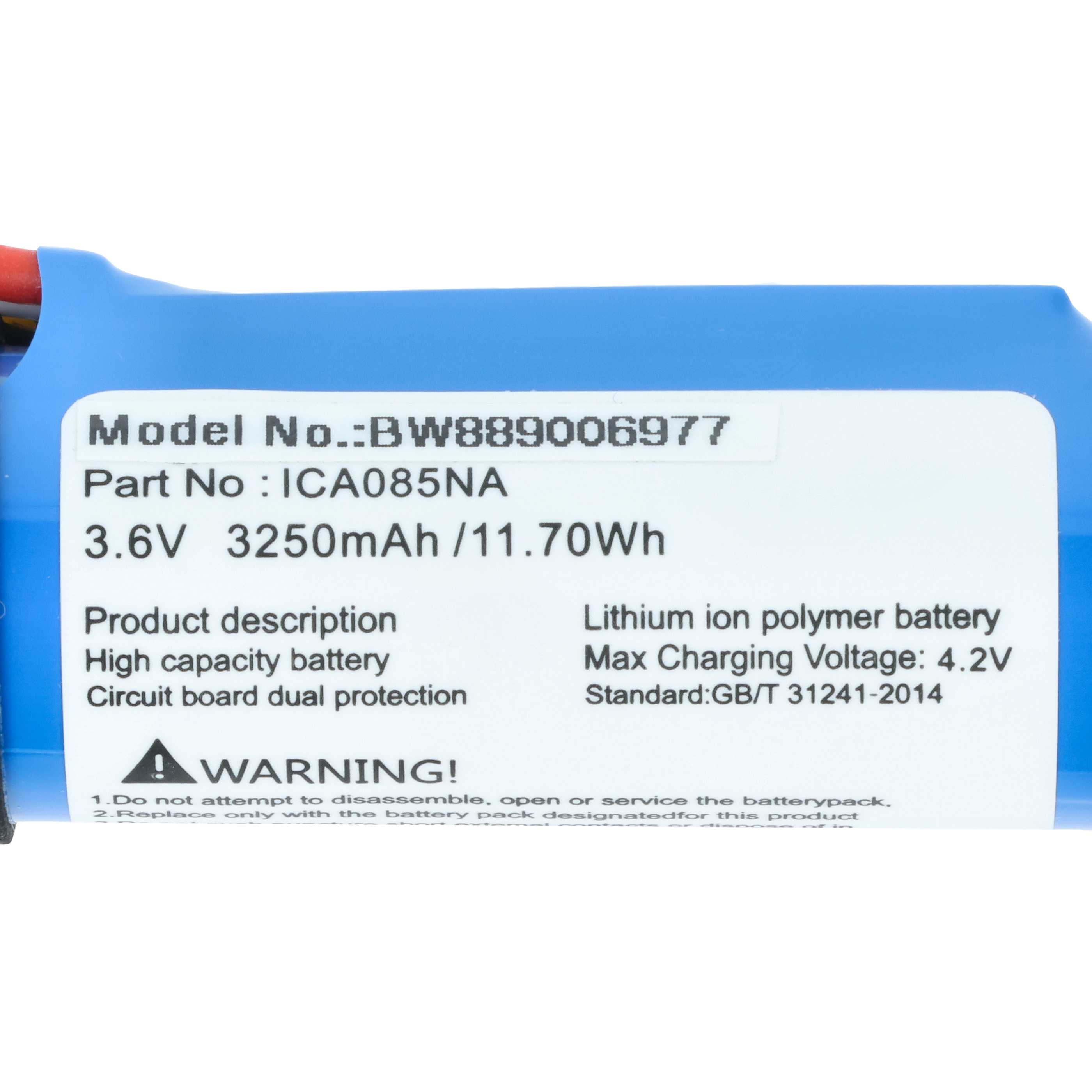 Ein blaues Akkupack mit Etikett: Modell Nr. BW889006977, 3,6V 3250mAh.
