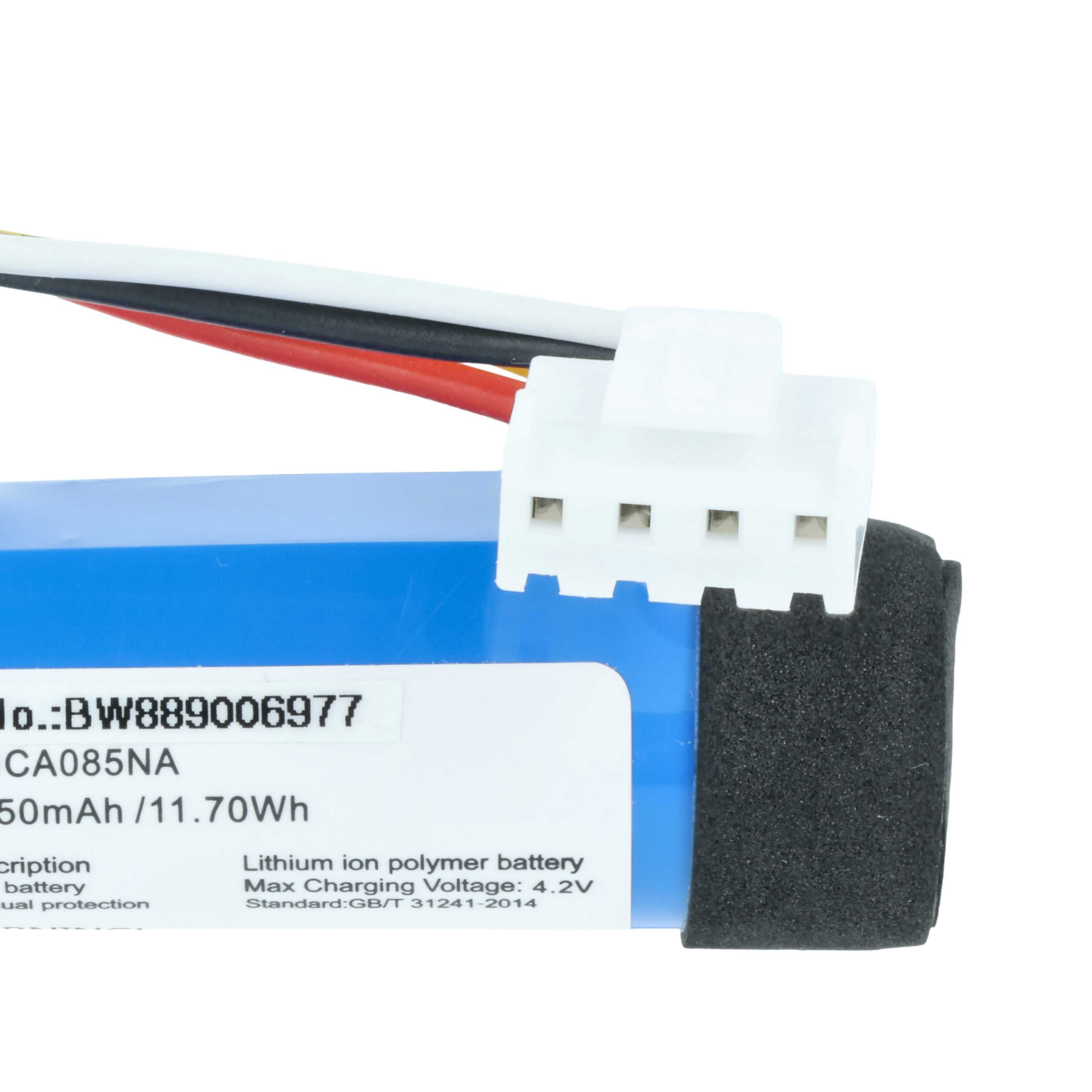 Ein blauer Lithium-Ionen-Polymer-Akku mit weißem Stecker und Kabeln. Modell BW889006977.