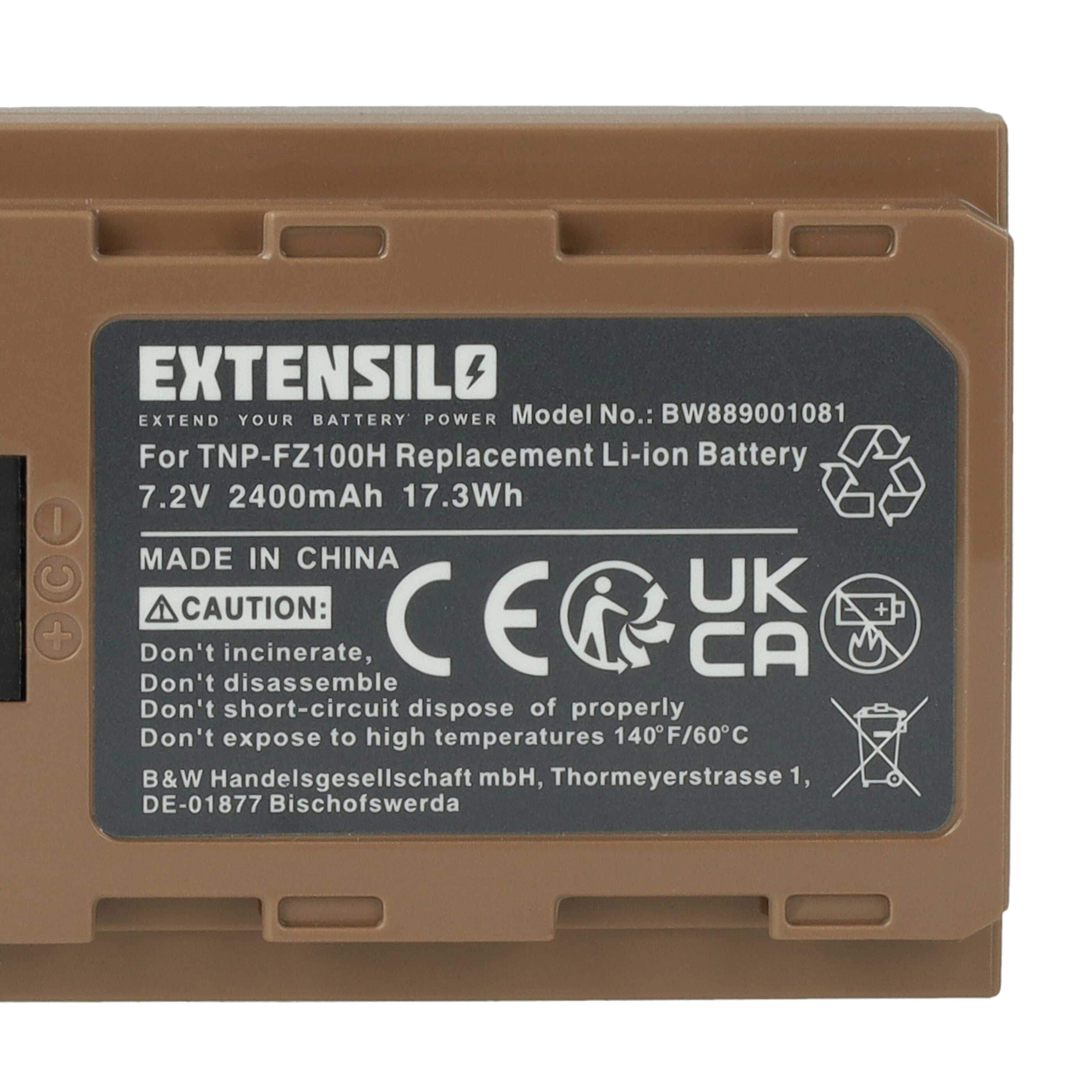 Brauner Akku mit schwarzem Etikett: Extensilo, 7,2V 2400mAh, Made in China.