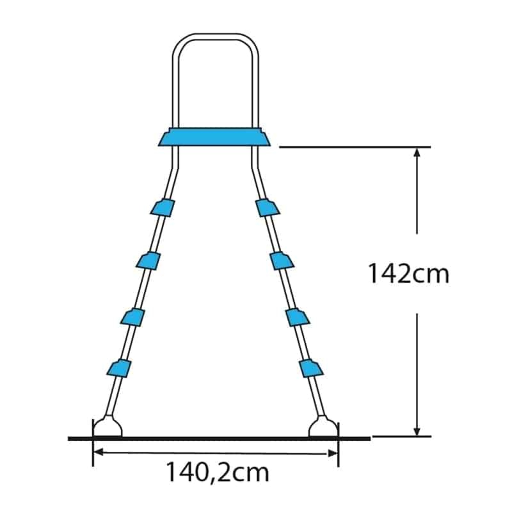 Diagrama de una escalera azul y blanca, de 142 cm de alto y 140,2 cm de ancho.