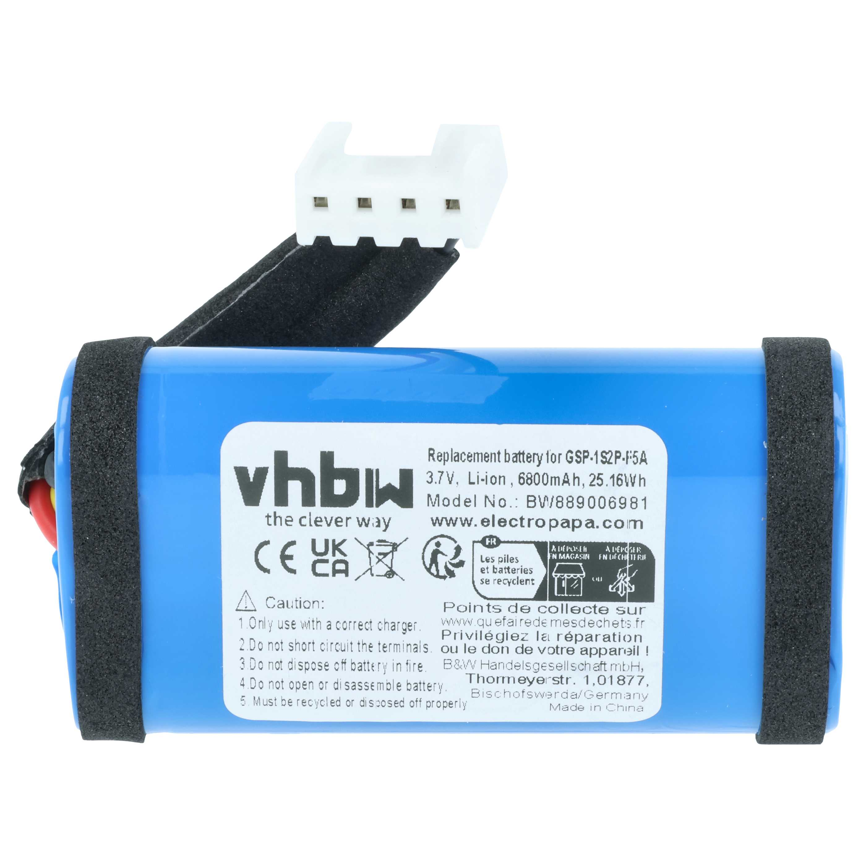 Blauer Li-ionen-Akku mit weißem Stecker und Warnhinweisen. Text beschreibt Modell und Warnungen.
