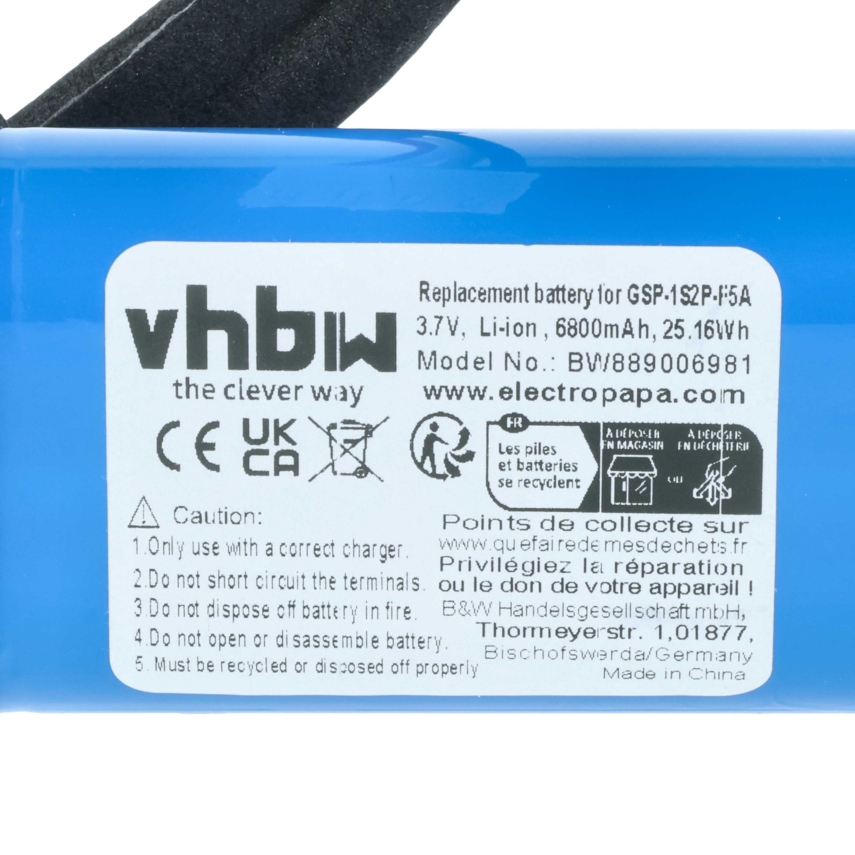 Blauer Akku mit Aufkleber: 3,7V Li-ion, 6800mAh, Warnhinweise & Recyclinginfos.