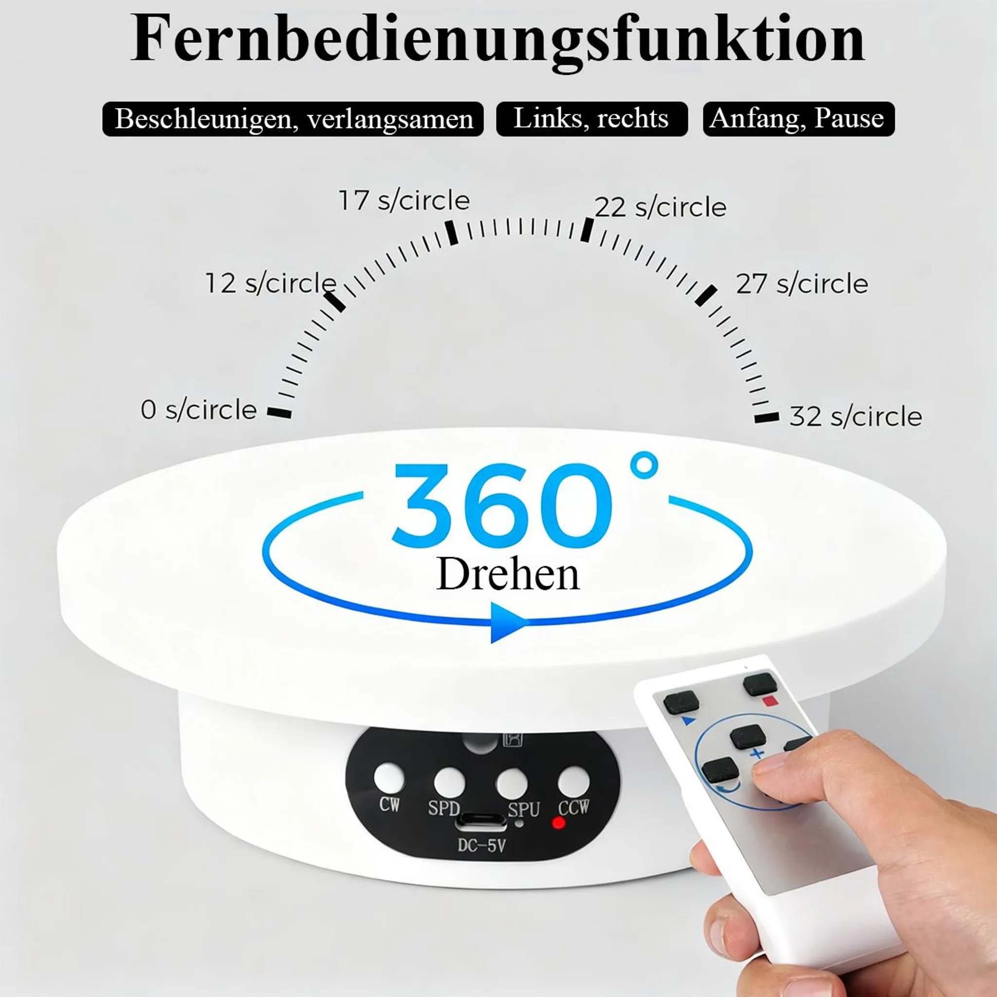 Ein weißer Drehteller mit Fernbedienung und Geschwindigkeitsmarkierungen.