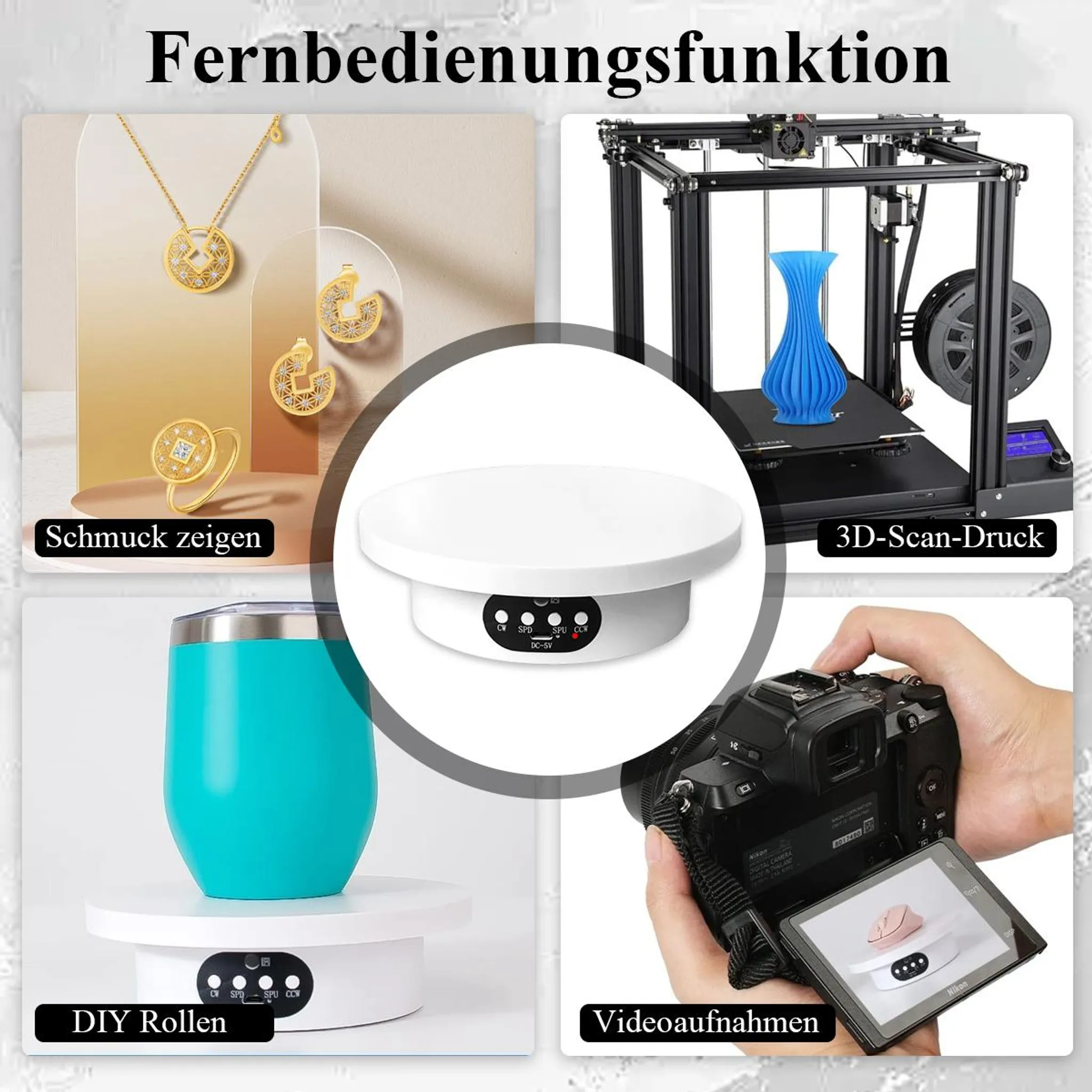 Collage zeigt Schmuck, 3D-Drucker, einen drehenden Ständer und eine Kamera.