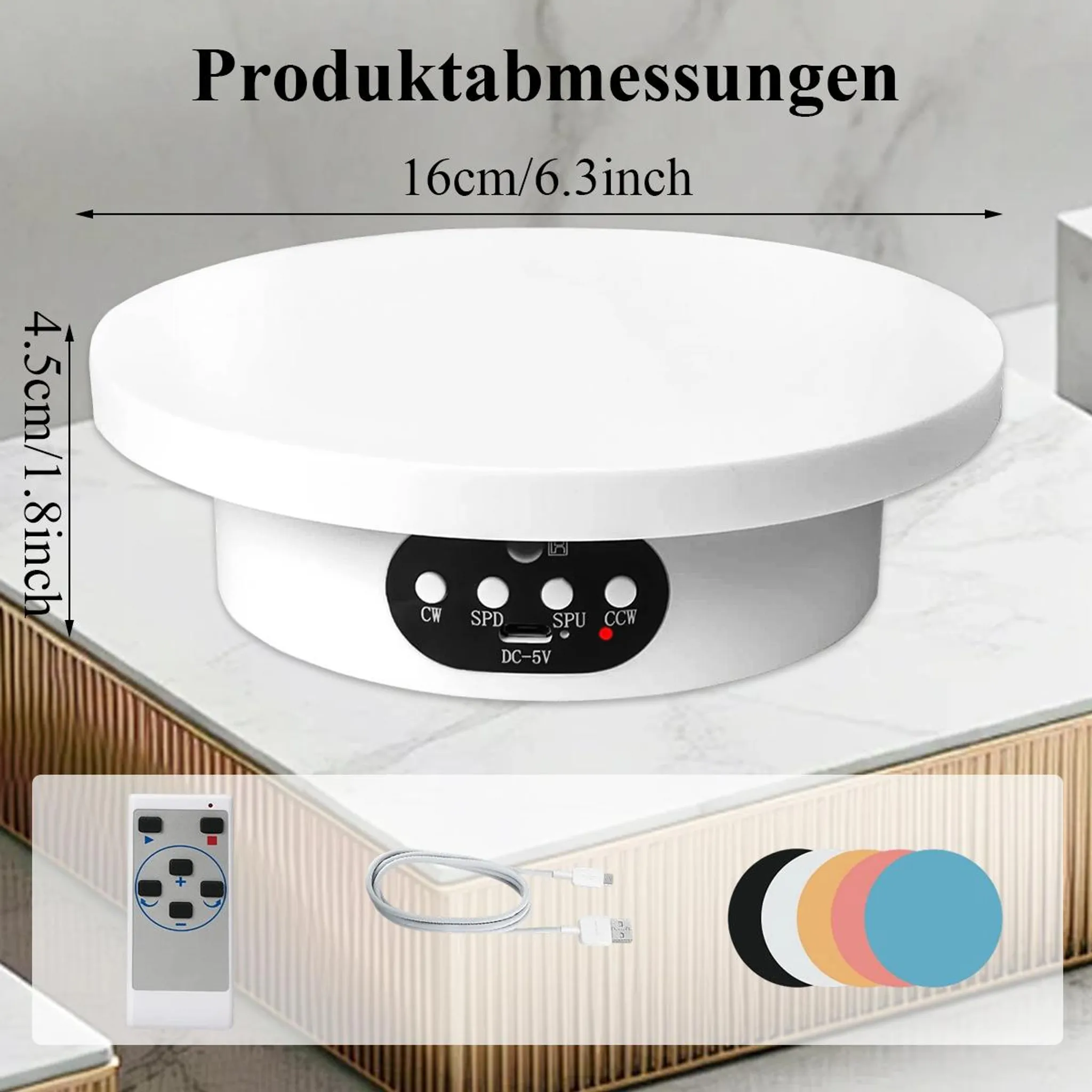 Weißer Drehteller, 16cm Durchmesser, 4.5cm Höhe. Inklusive Fernbedienung, USB-Kabel und farbigen Scheiben.