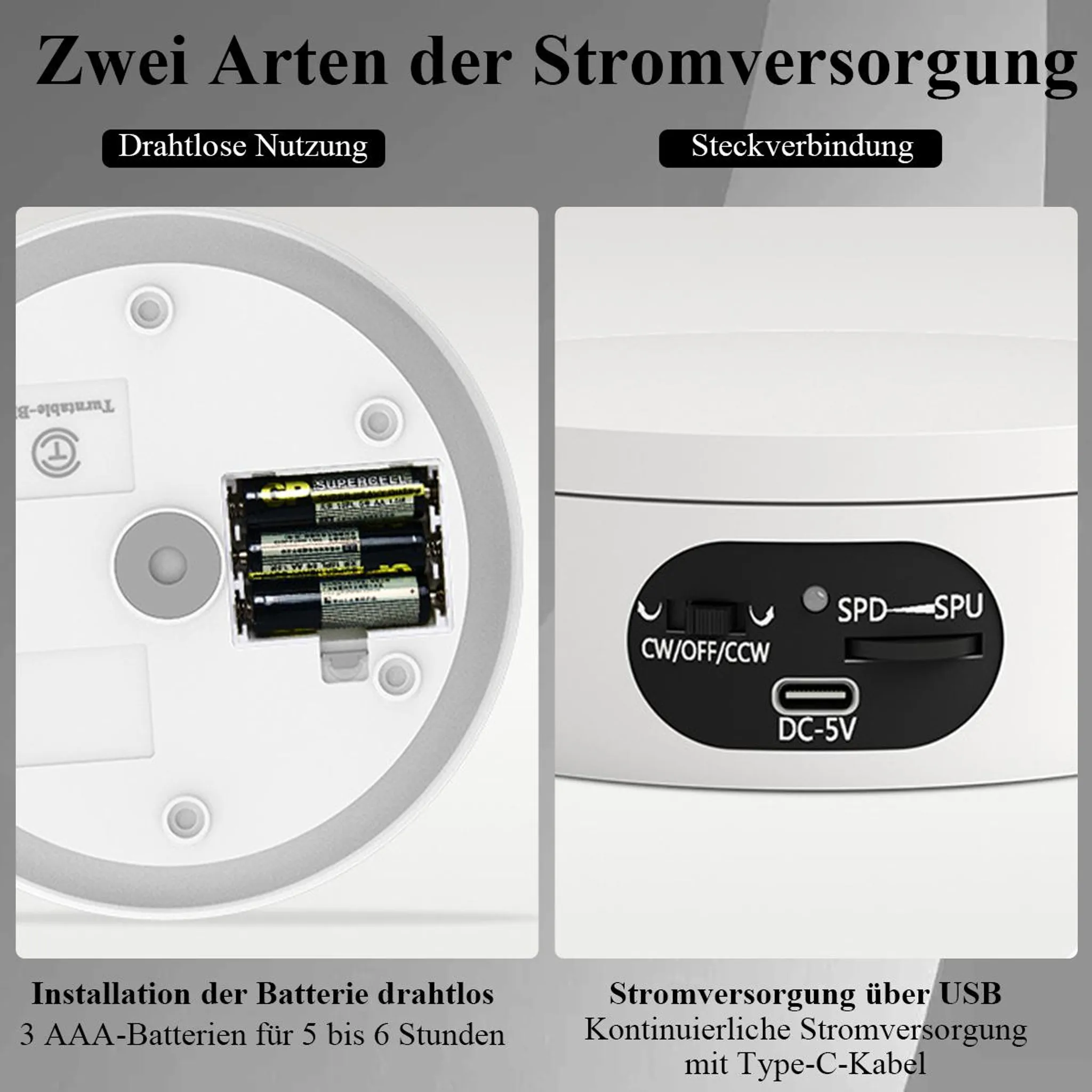 Zwei Stromversorgungsoptionen: Batteriefach mit 3 AAA-Batterien und USB-Typ-C-Strom.