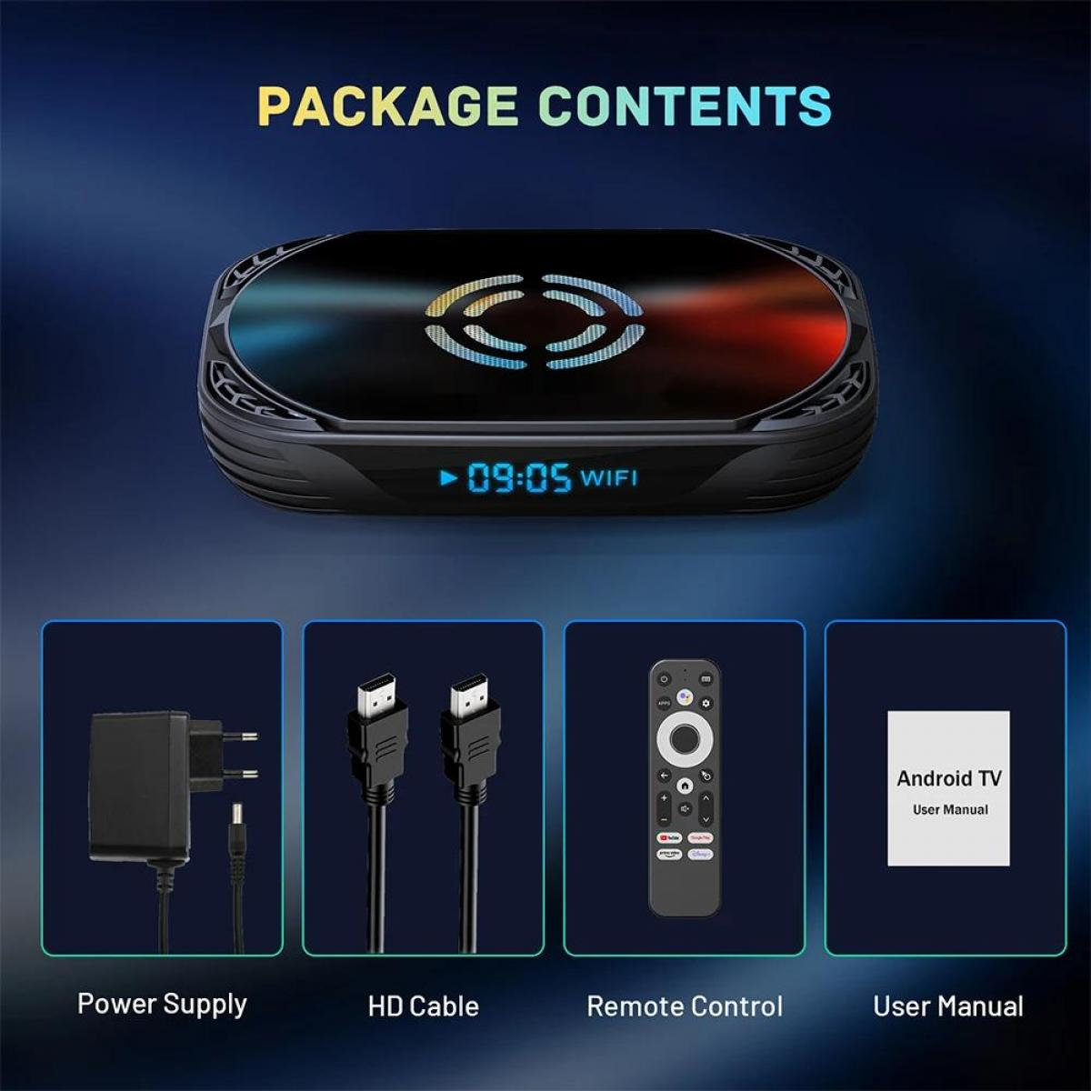 Packungsinhalt: Android TV Box, Netzteil, HDMI-Kabel, Fernbedienung, Handbuch.