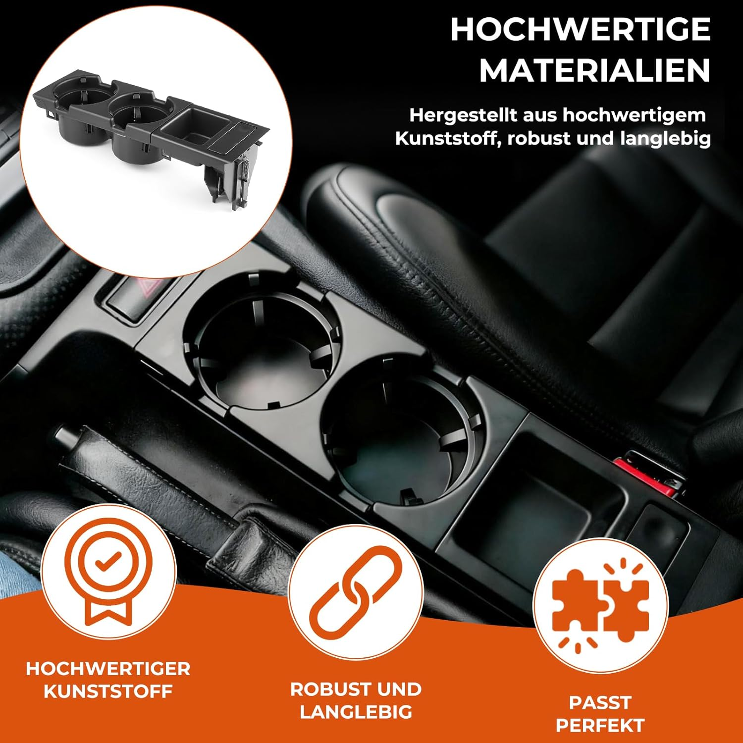 Autoinnenraum mit schwarzem Kunststoff-Getränkehalter-Einsatz und Qualitäts-Icons.