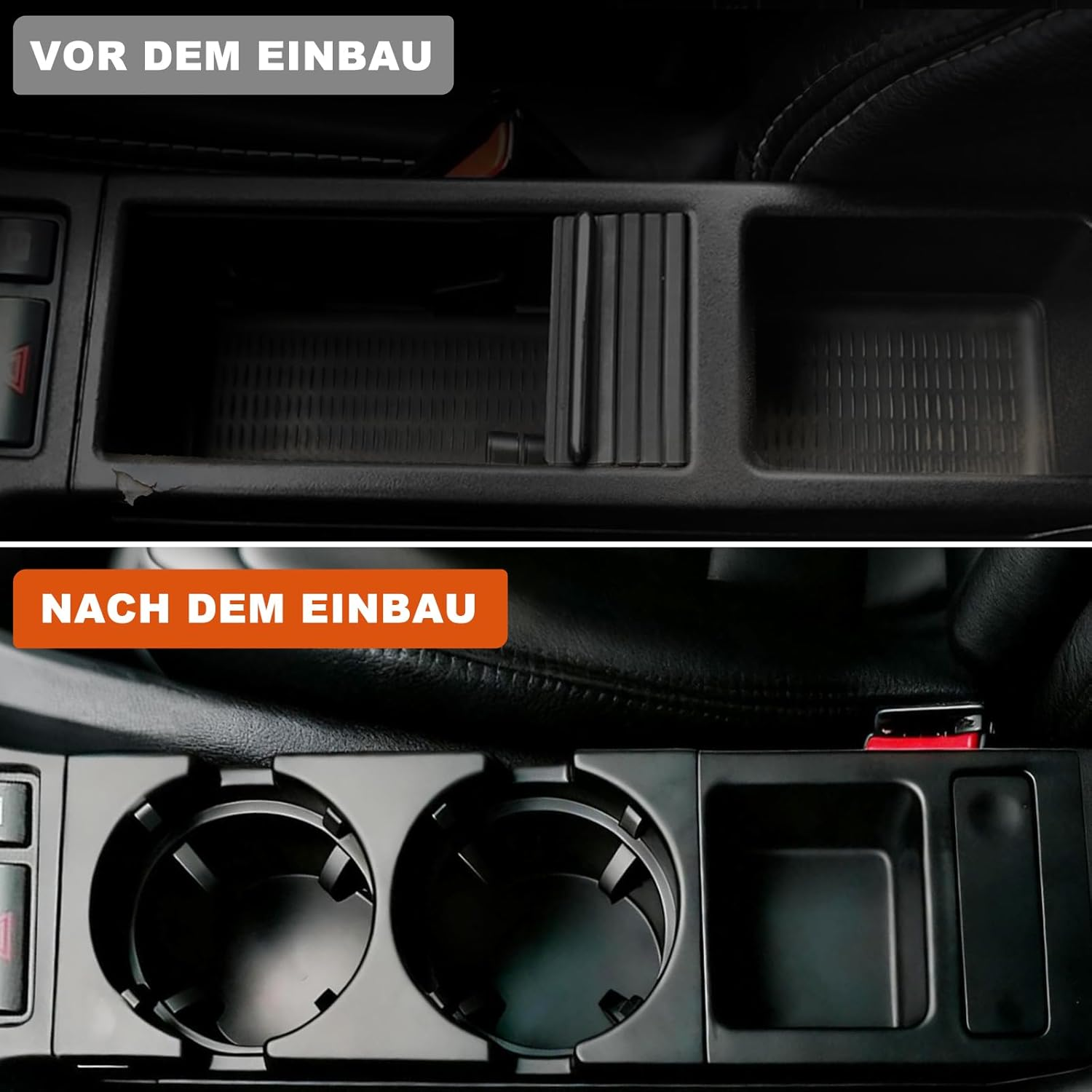 Autokonsole vor und nach Einbau von Becherhaltern. Oben leerer Stauraum, unten zwei Becherhalter.